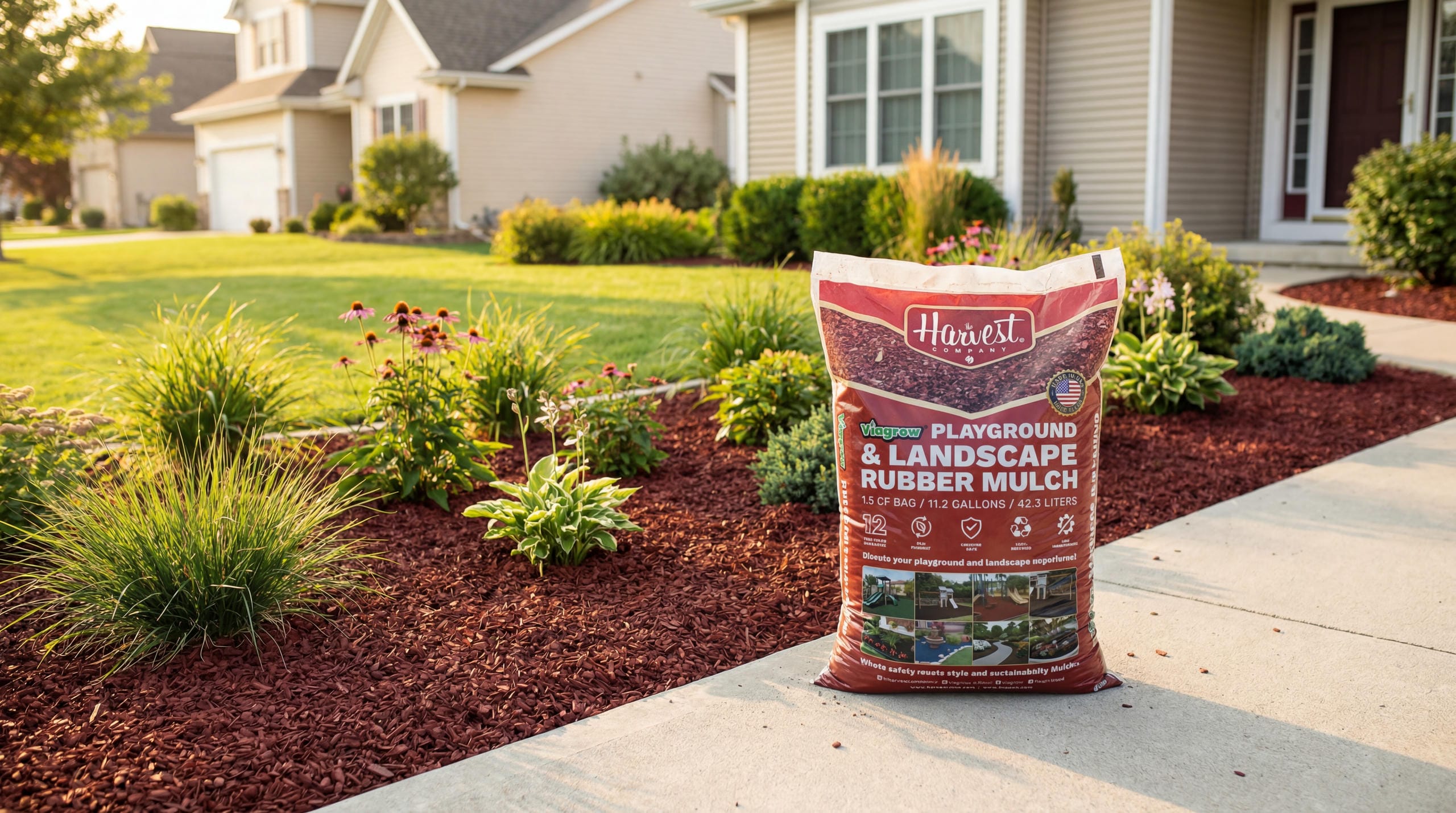 Harvest Company rubber mulch bag and mulch on side walk in front of house