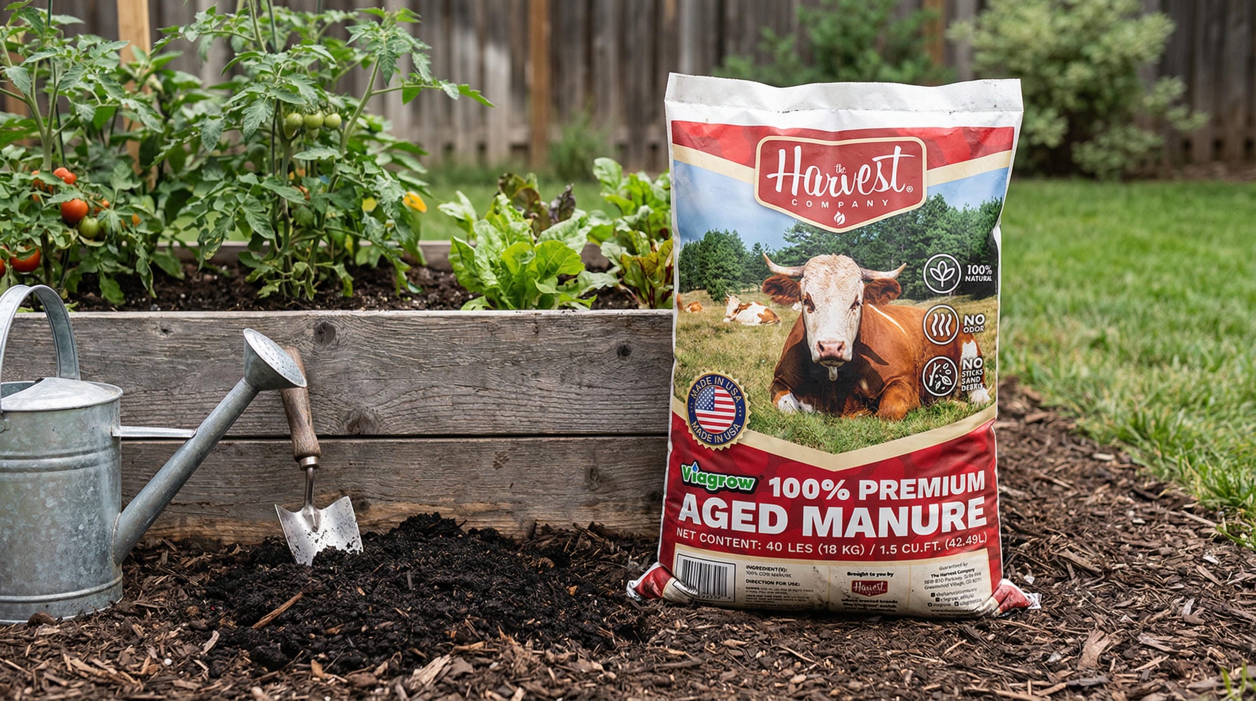 Harvest Company bag of grow media in back yard