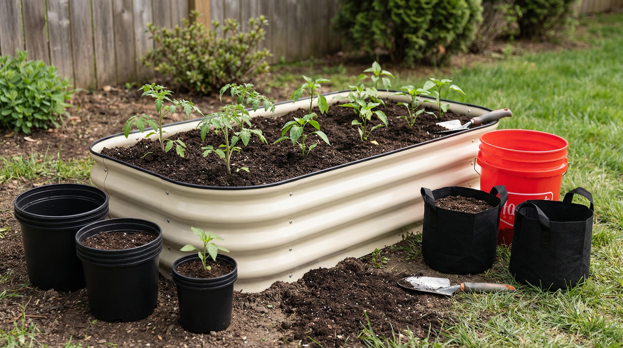 Harvest Company garden bed in back yard with pots