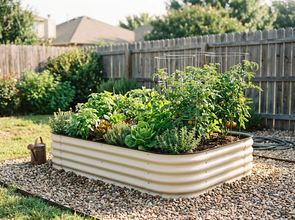 A side-yard raised bed planted with herbs and vegetables
