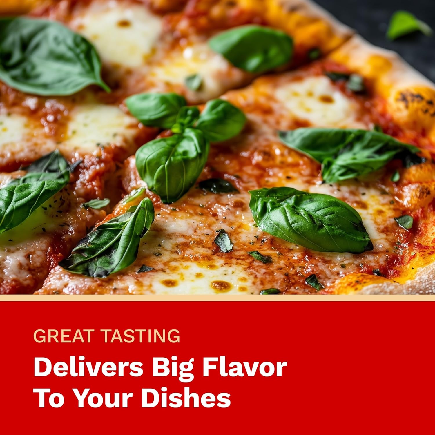 Pizza with basil leaves on a red background with text about flavor.