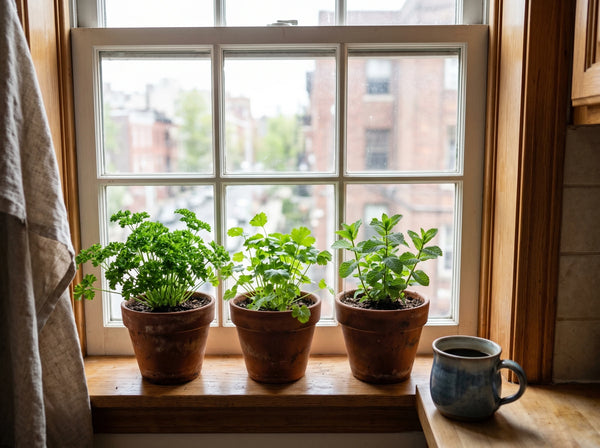 A row of herb pots on a kitchen windowsill