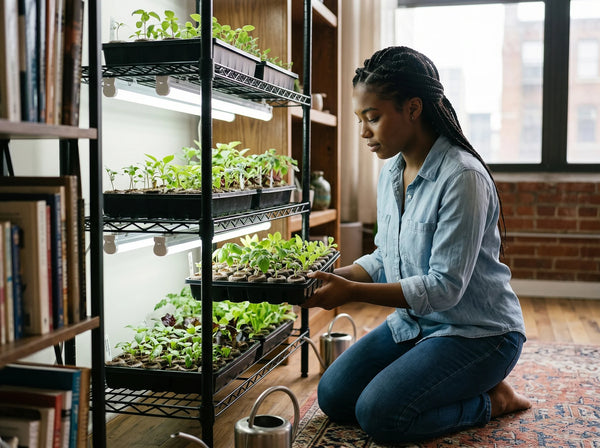 Indoor garden under a small LED grow light