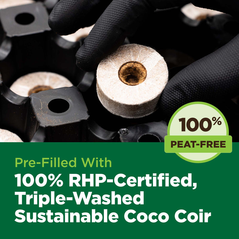 Coco coir product with text about certification and peat-free status.