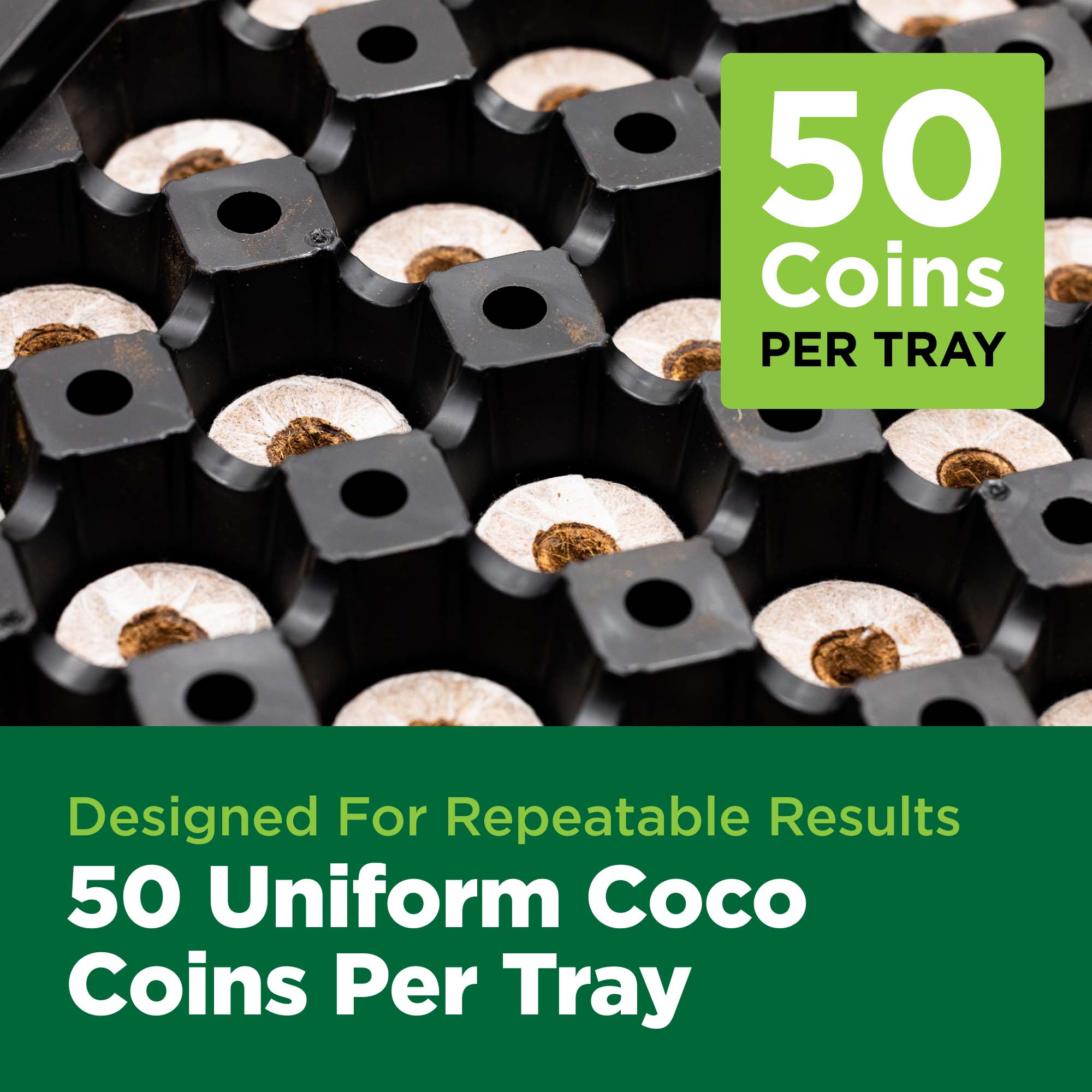 Coco coin tray with 50 coins per tray label and text about uniformity and results.