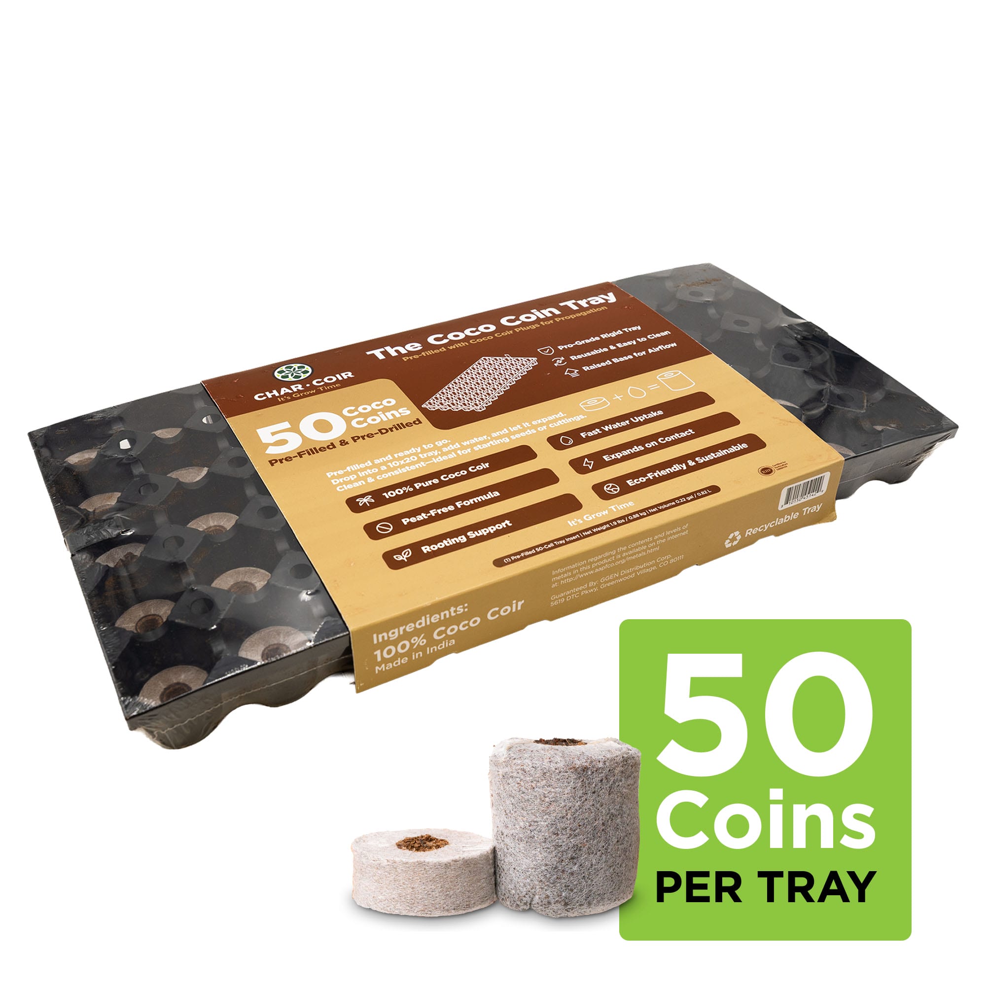 Coco coin tray packaging with 50 coins per tray label on a white background