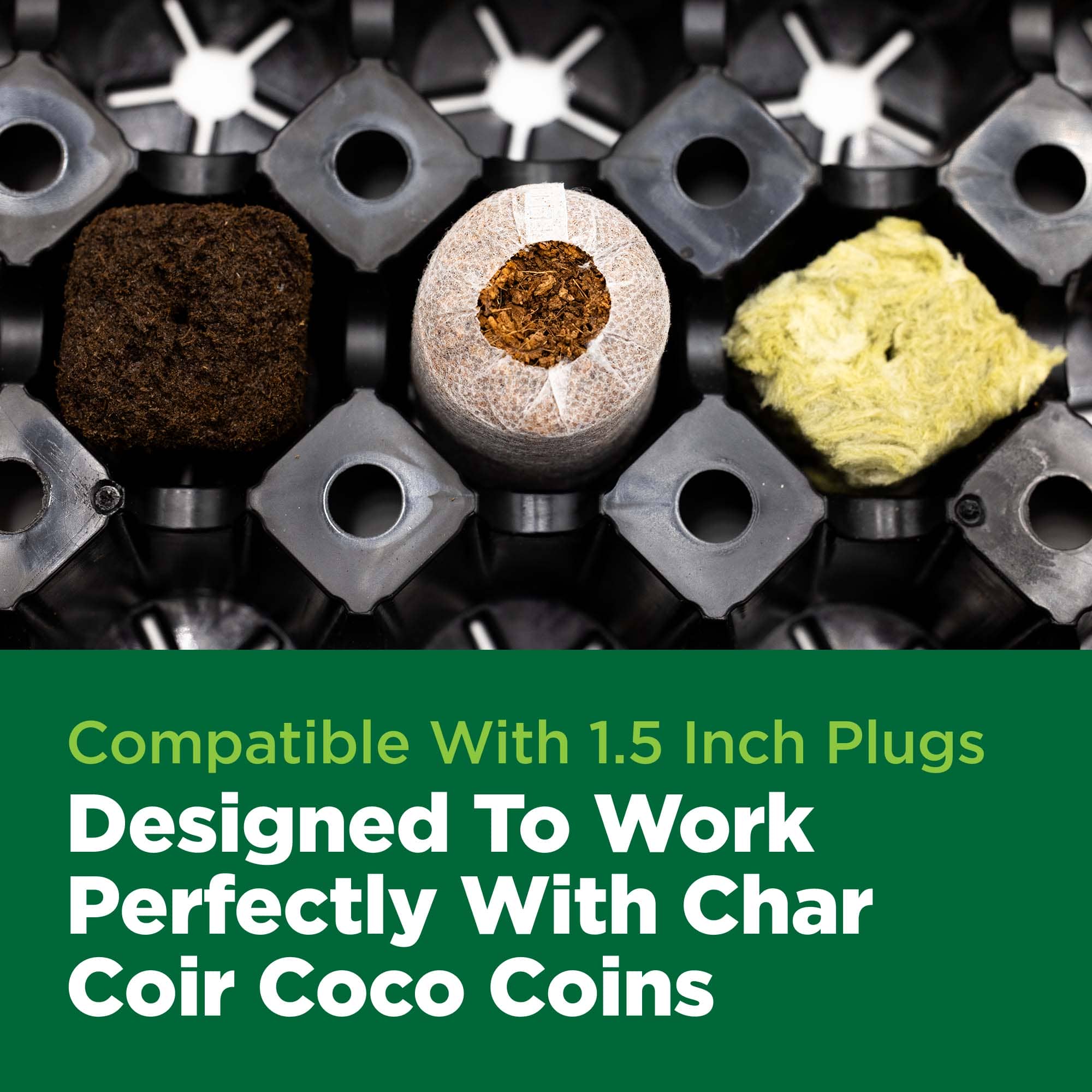 Product packaging with text about compatibility with 1.5 inch plugs and char coir coco coins.