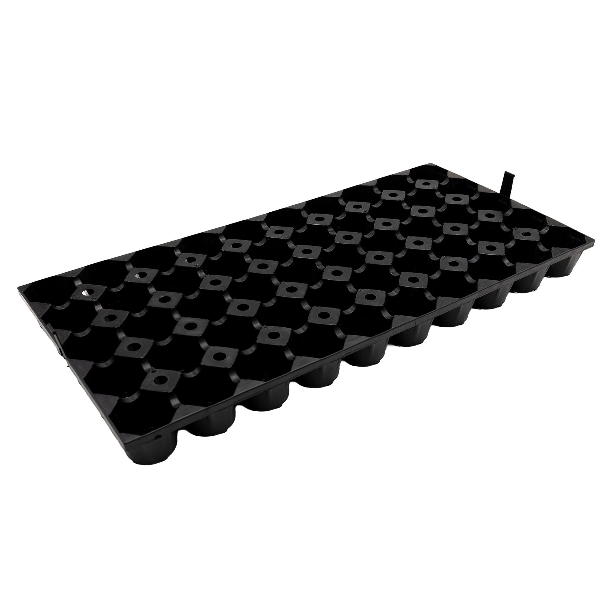 Black plastic seedling tray with multiple compartments on a white background