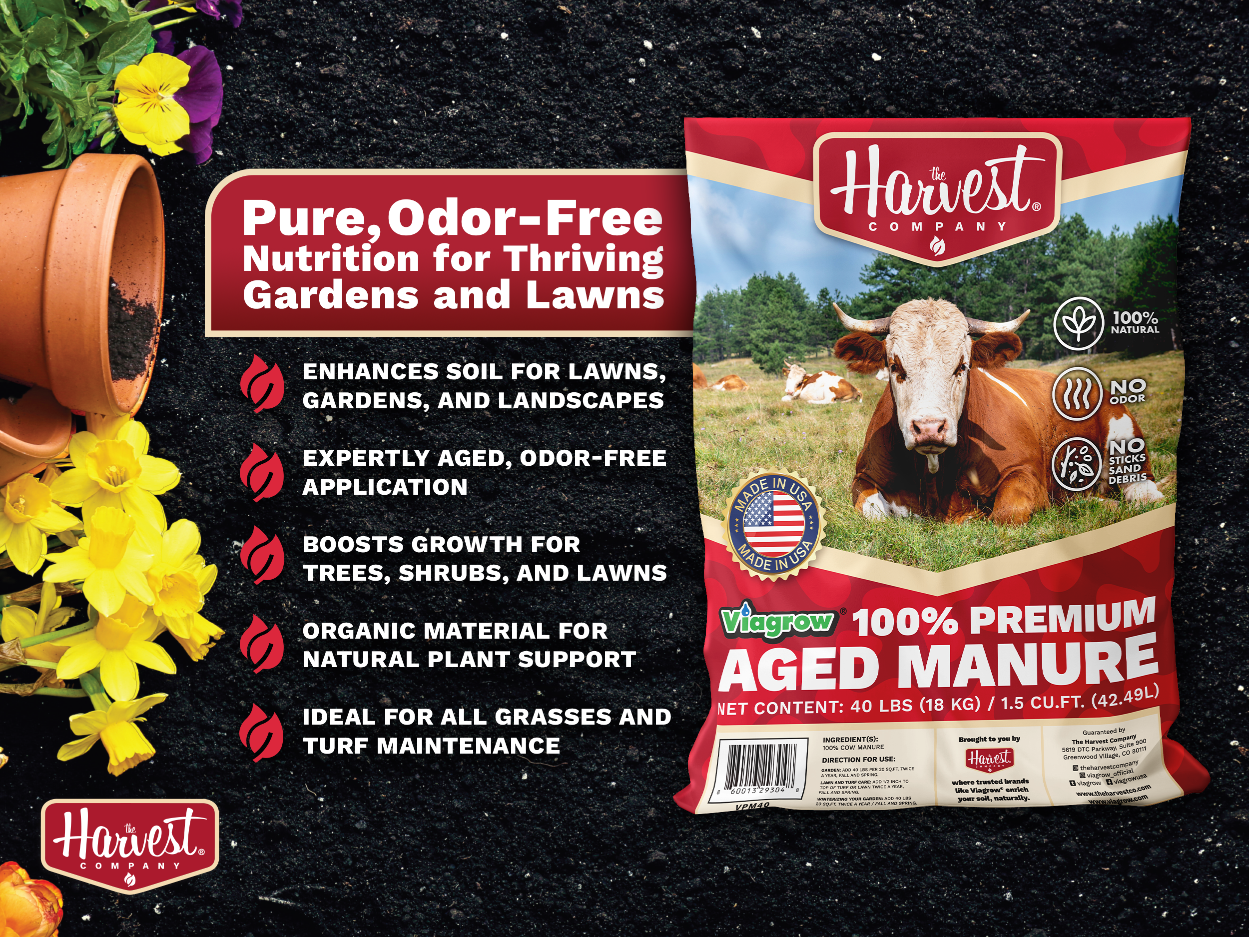 Harvest Company aged manure package with product details on a black background