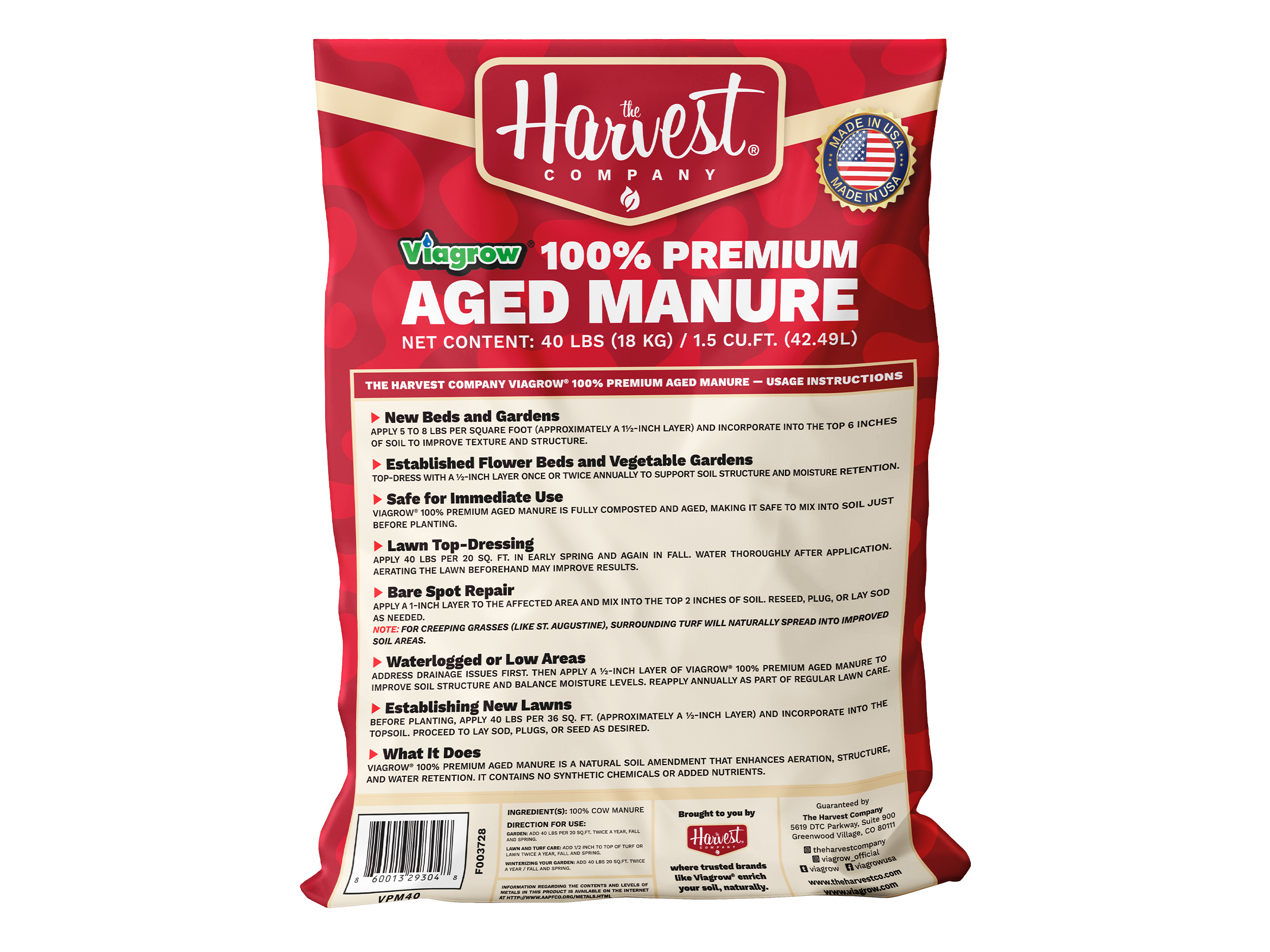 Bag of The Harvest Company 100% Premium Aged Manure on a white background