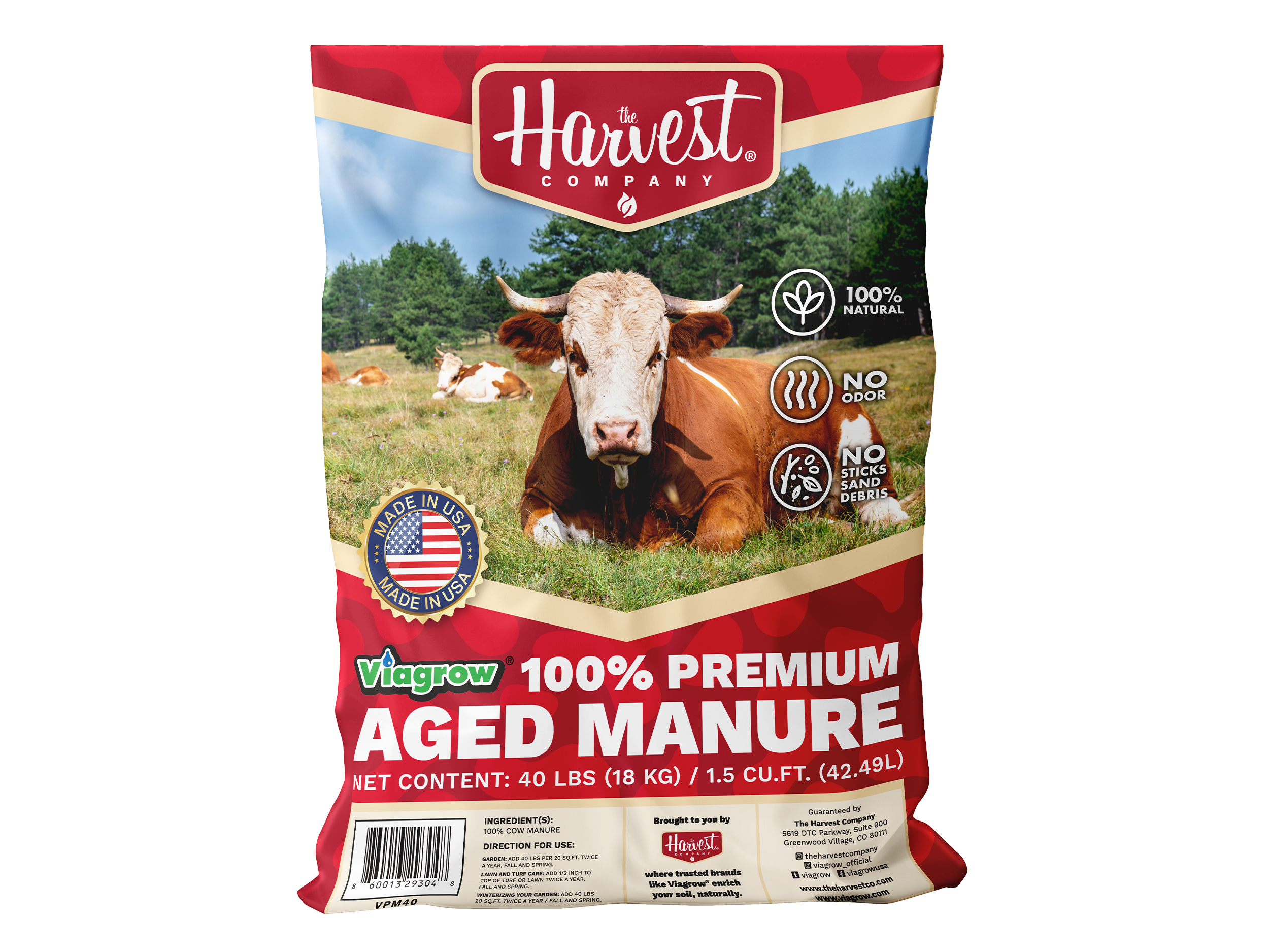 Bag of The Harvest Company 100% Premium Aged Manure with a cow on the label.