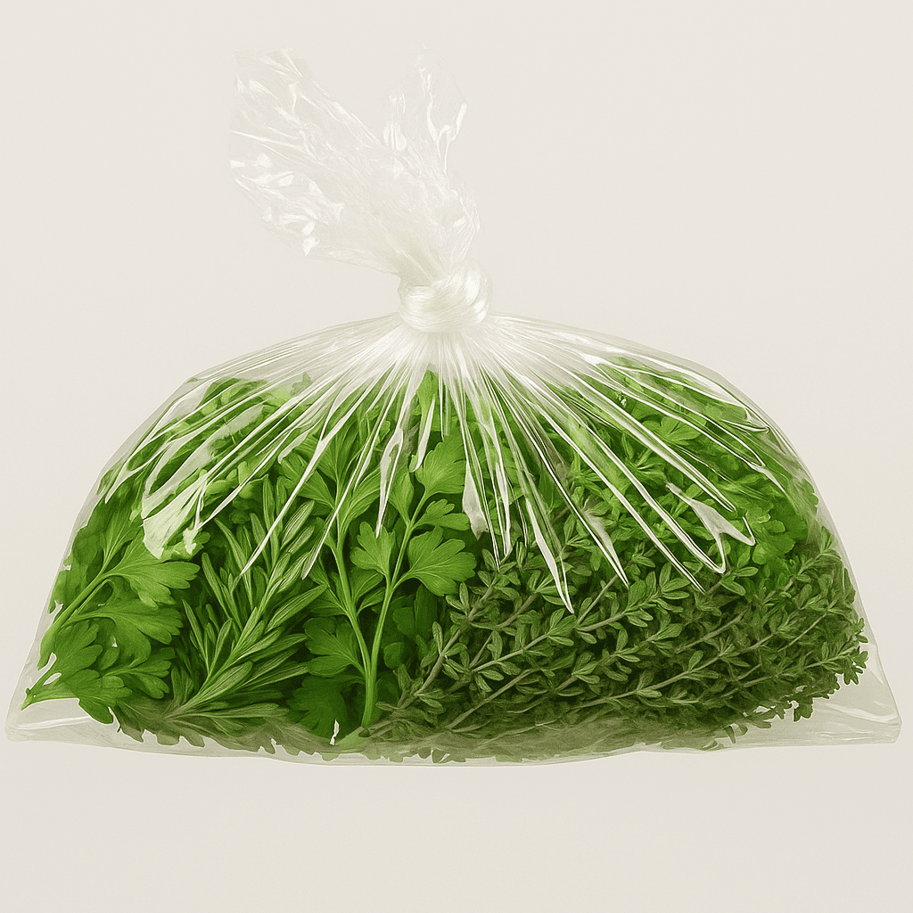 Bag of green herbs on a white background