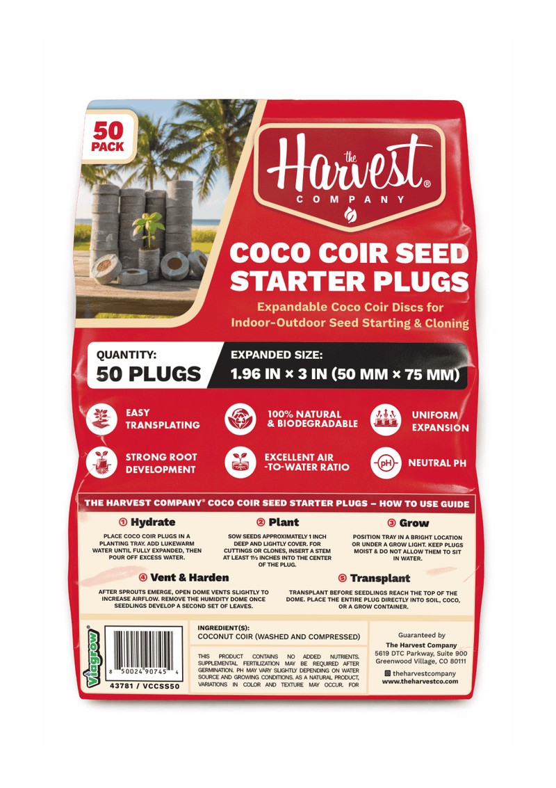 Bag of Harvest Company Coco Coir Seed Starter Plugs with product details on a white background