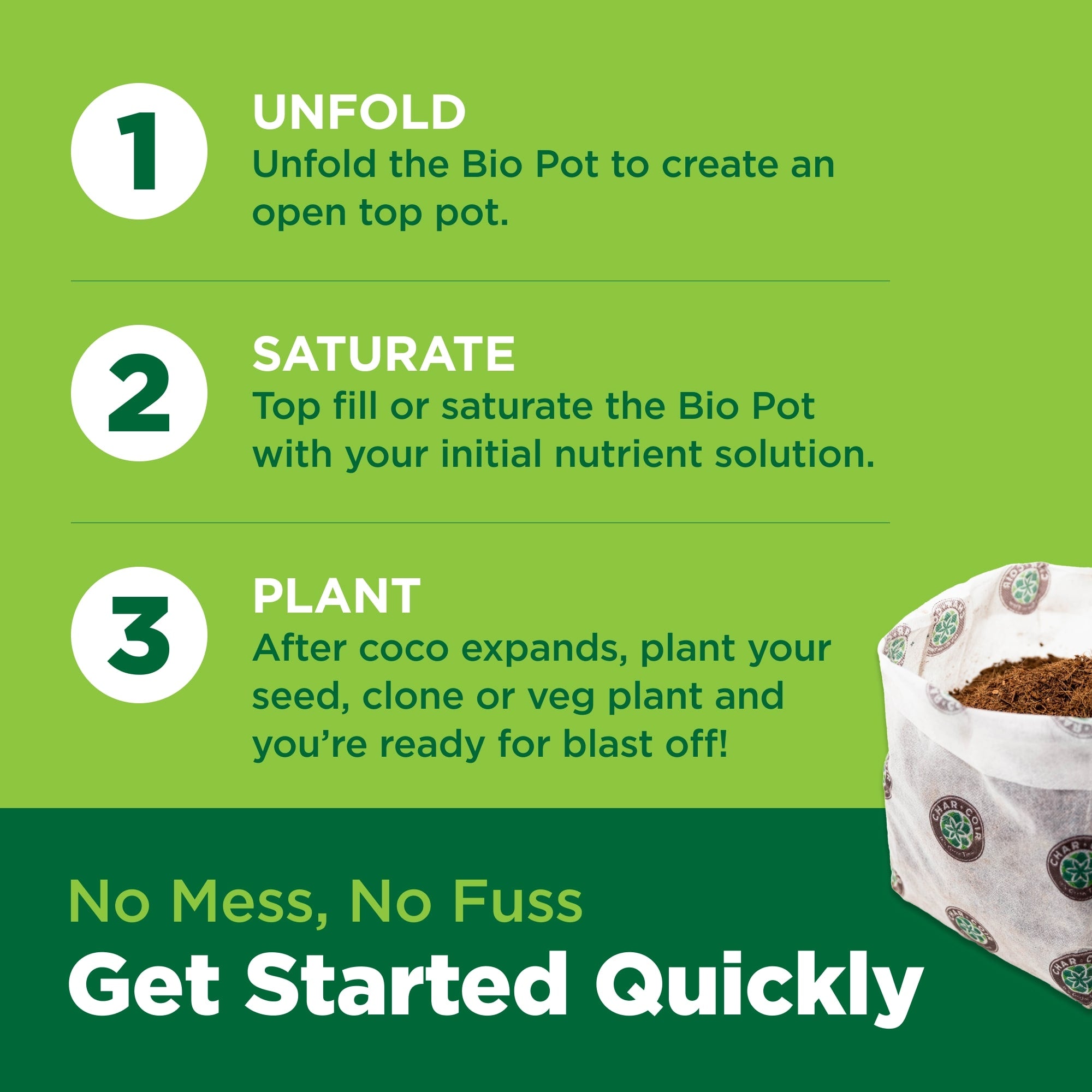 Instructions for using a biodegradable pot on a green background with a pot image.