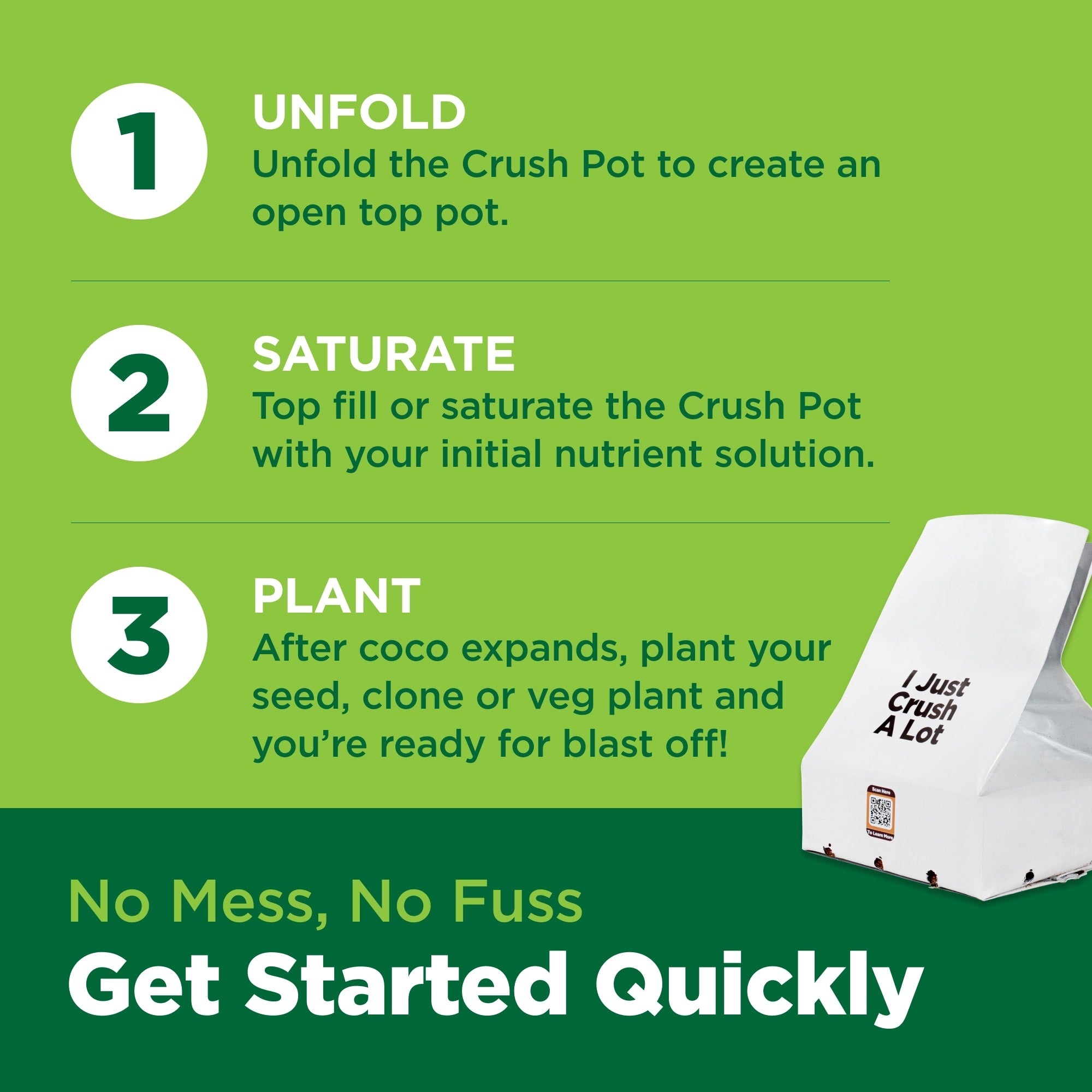 Instructions for using a Crush Pot with a green background and white pot.