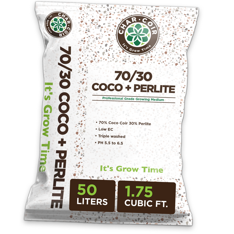 Bag of Char-Coil 70/30 Coco + Perlite growing medium on a white background