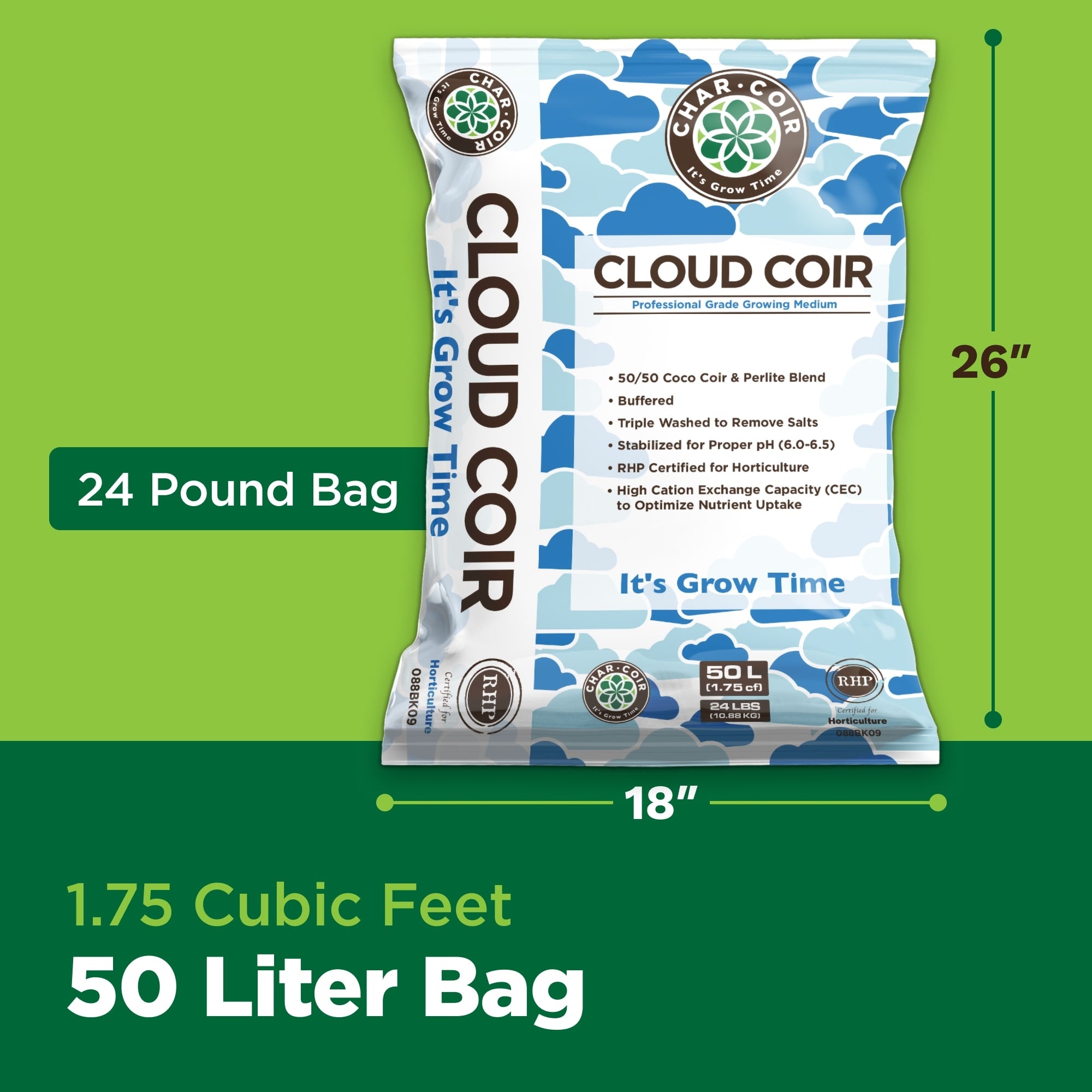 Cloud Coir packaging with dimensions and product details on a green background