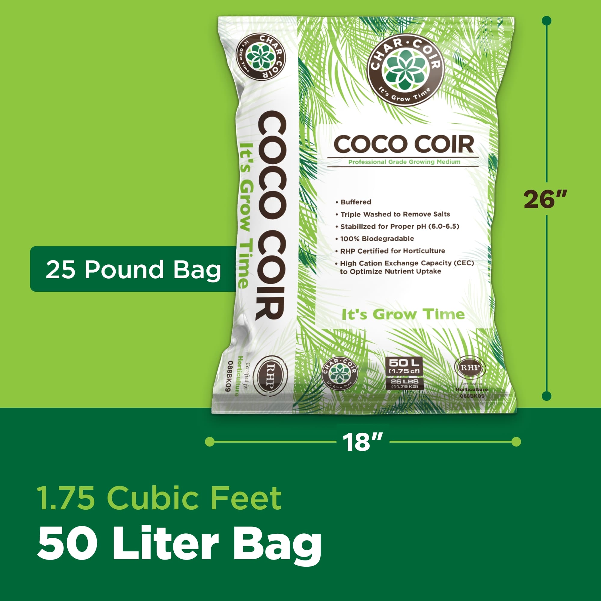 Coco Coir packaging with dimensions and product details on a green background