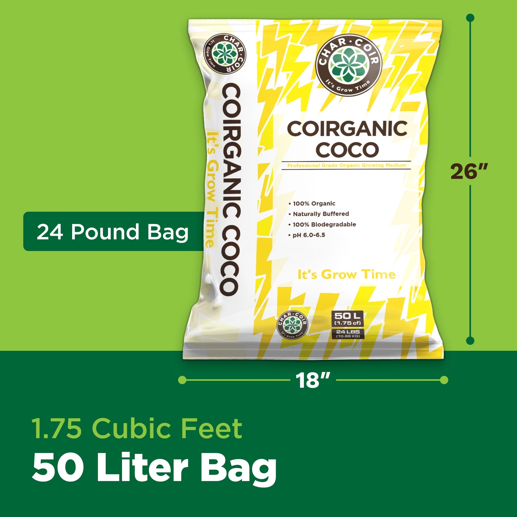 CoiRganic Coco 24 Pound Bag packaging with dimensions and volume details on a green background