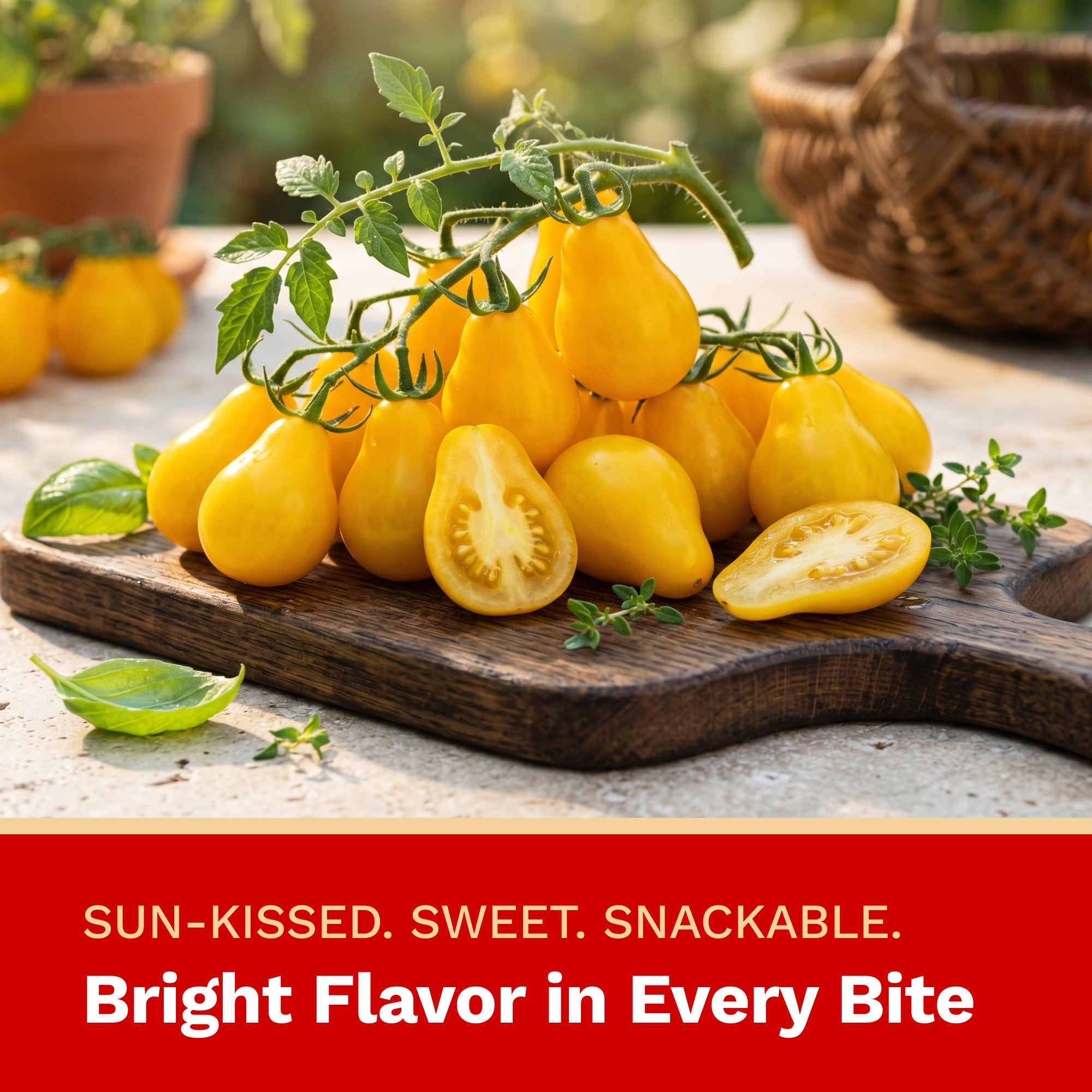 Yellow tomatoes on a wooden cutting board with a natural outdoor background