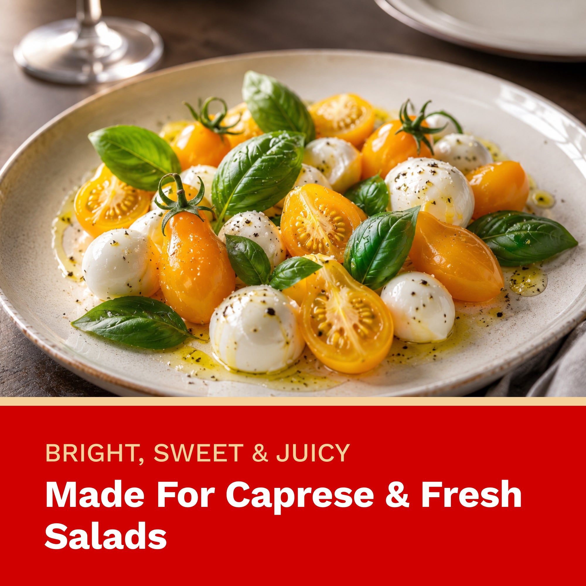 Caprese salad with cherry tomatoes and mozzarella on a plate, with text about the salad's characteristics.