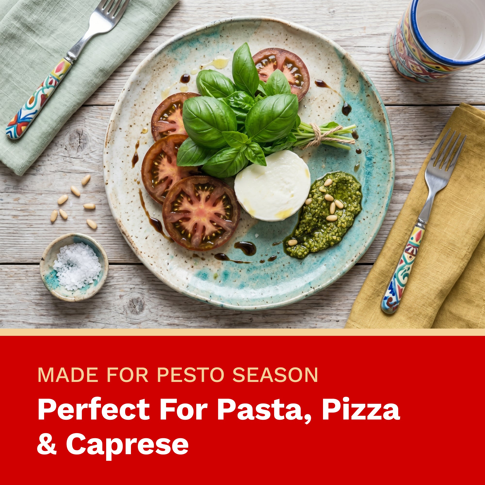 Plated dish with tomatoes, mozzarella, and pesto on a wooden table with text about pesto season.