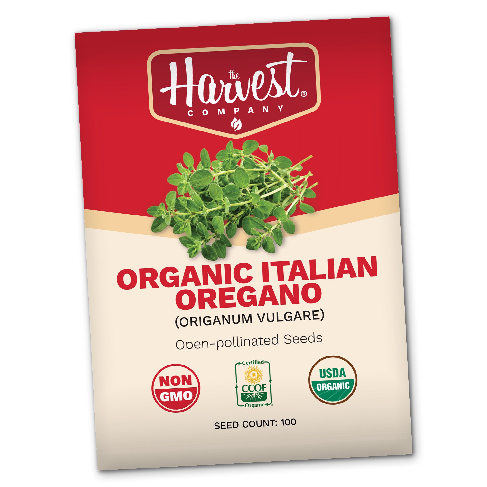 Harvest Company organic Italian oregano seed packet on a white background
