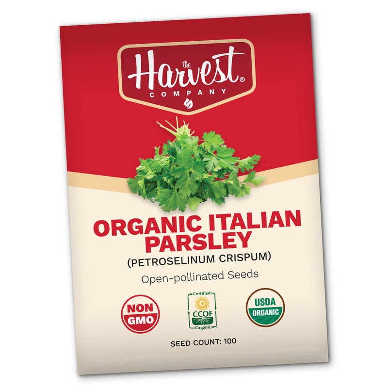 Harvest Company organic Italian parsley seed packet on a white background