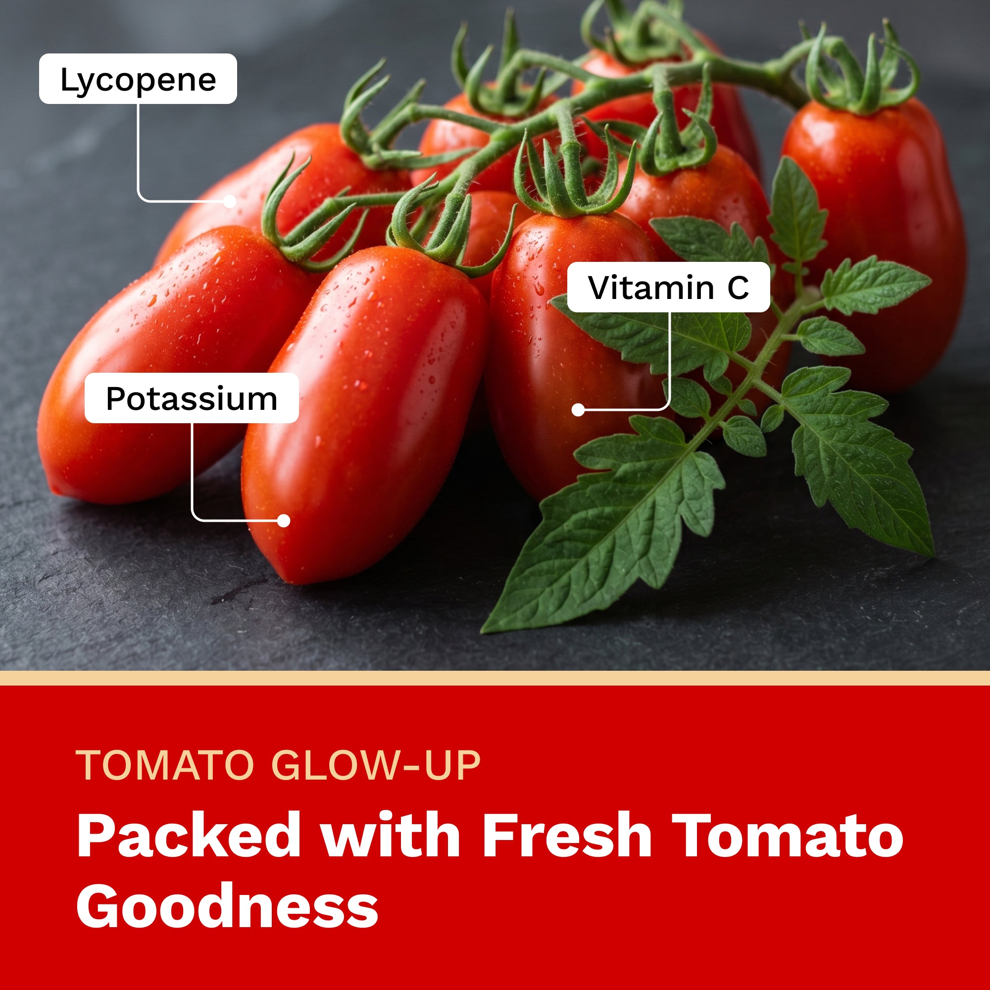 Fresh tomatoes on a dark surface with nutritional information labels.