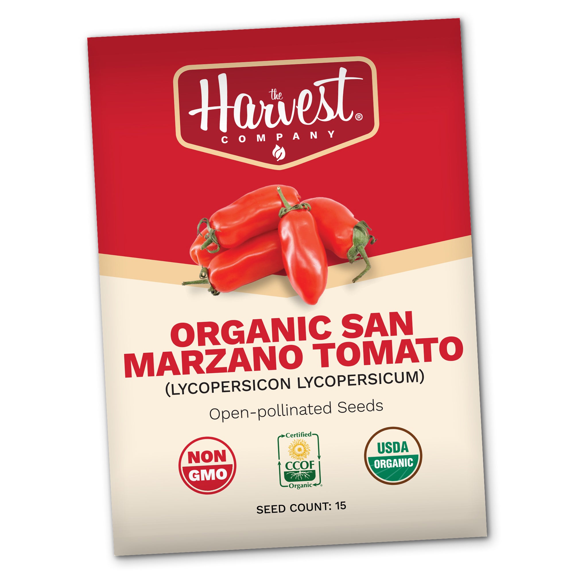 Harvest Company organic San Marzano tomato seed packet on a white background