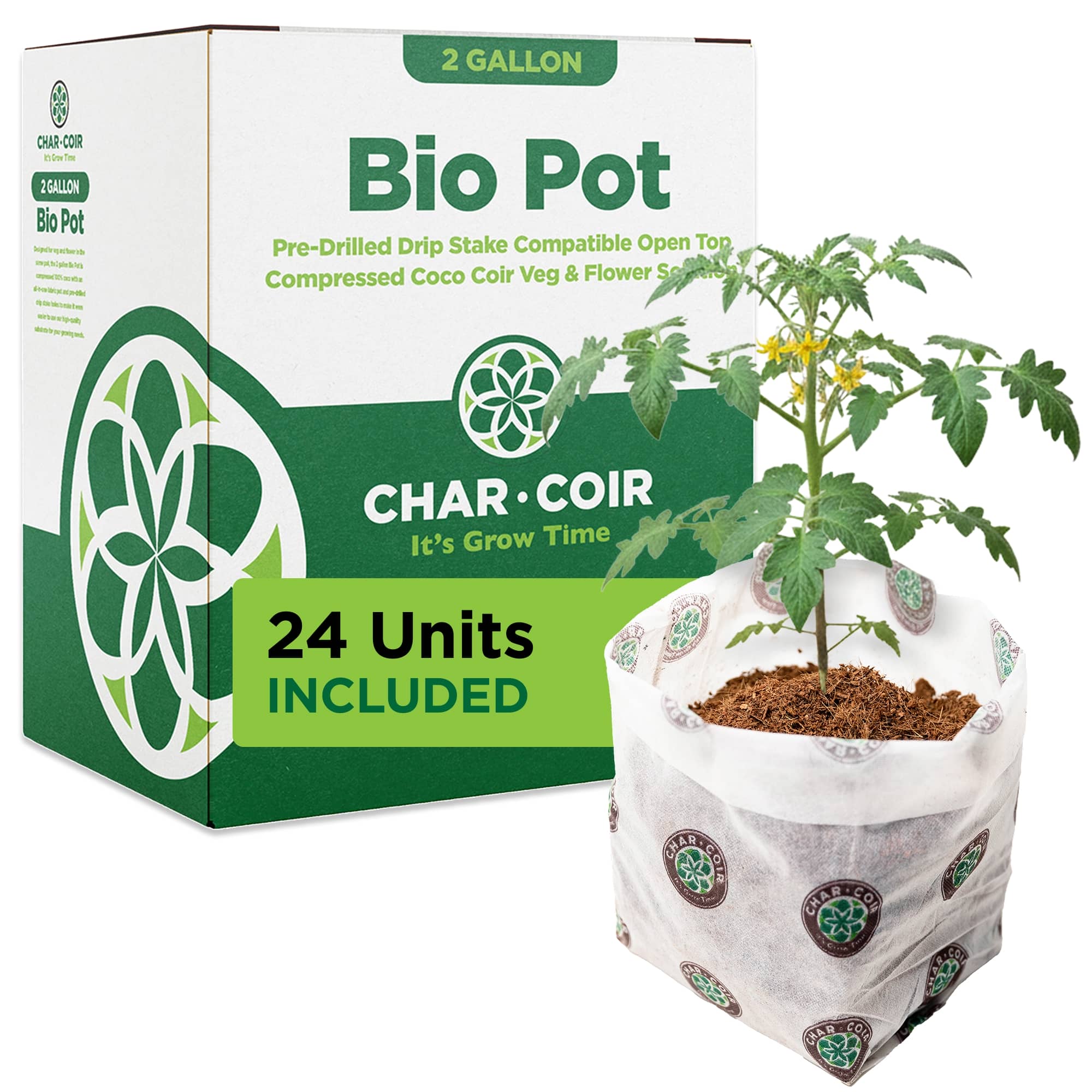 Bio Pot packaging with a plant and Char-Coir logo on a white background