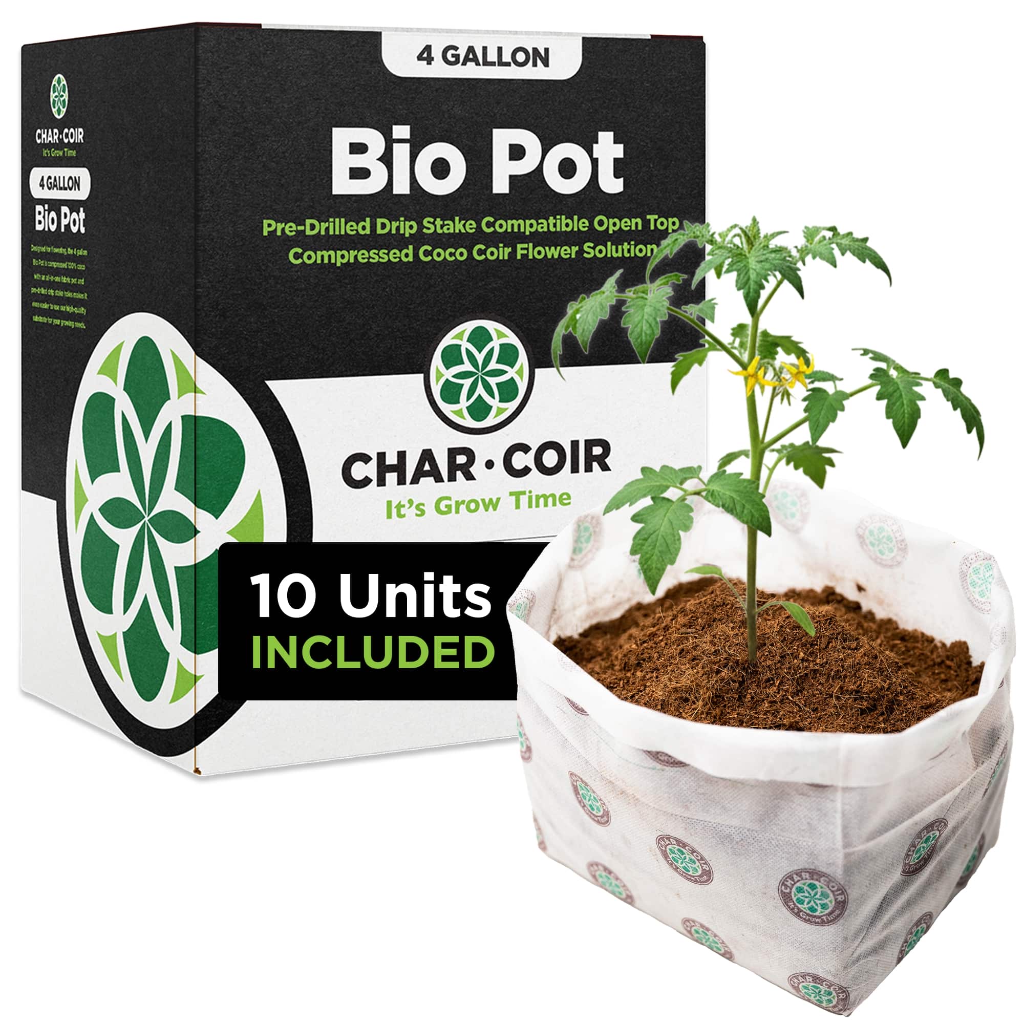 Bio Pot with a plant and Char-Coir packaging on a white background
