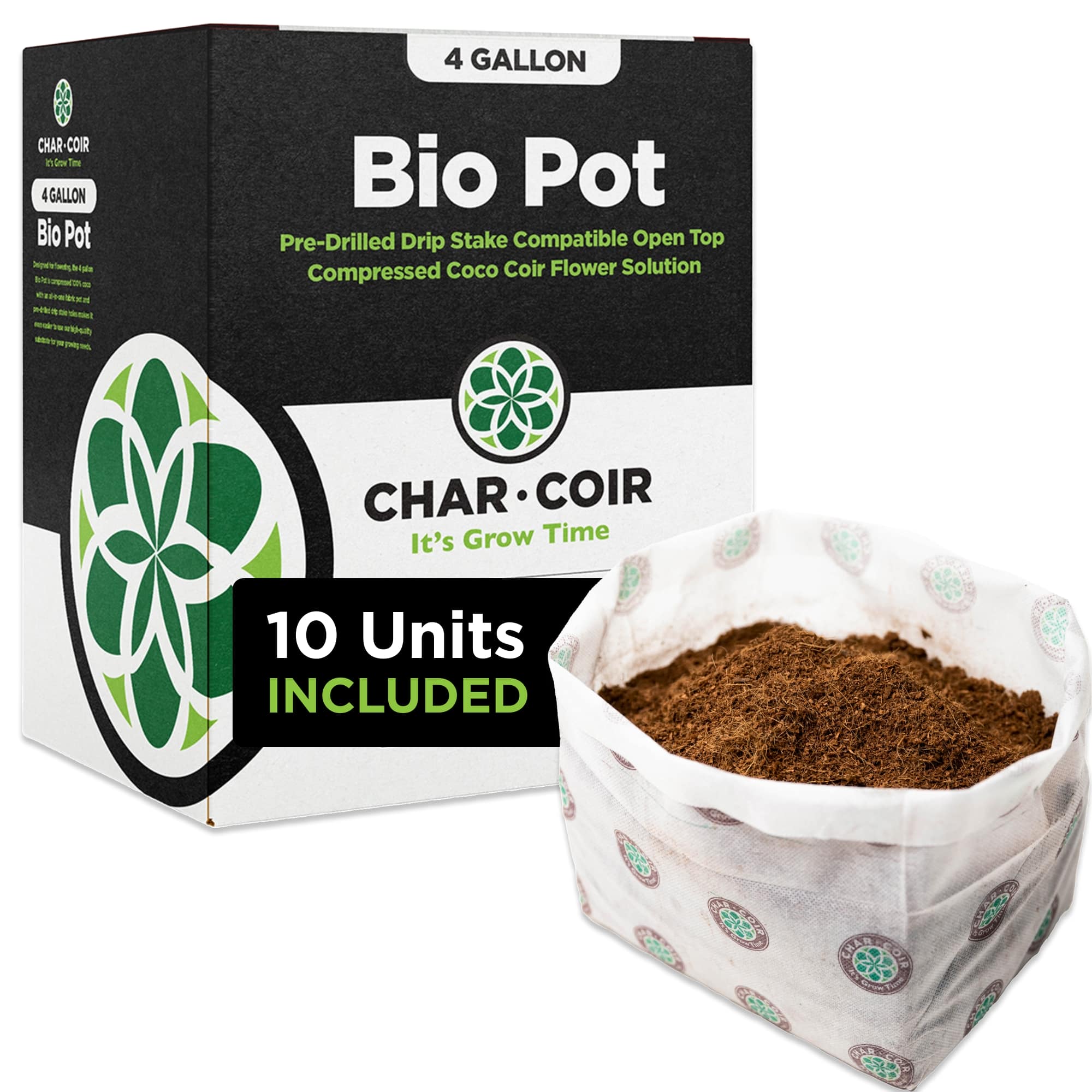 Bio Pot packaging with a sample pot of soil on a white background