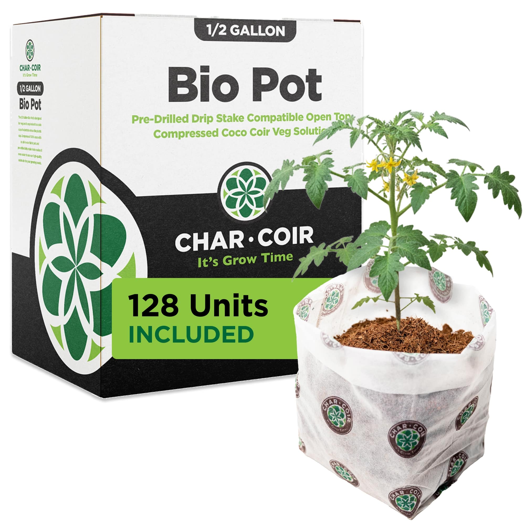 Bio Pot packaging with a plant and Char-Coir logo on a white background