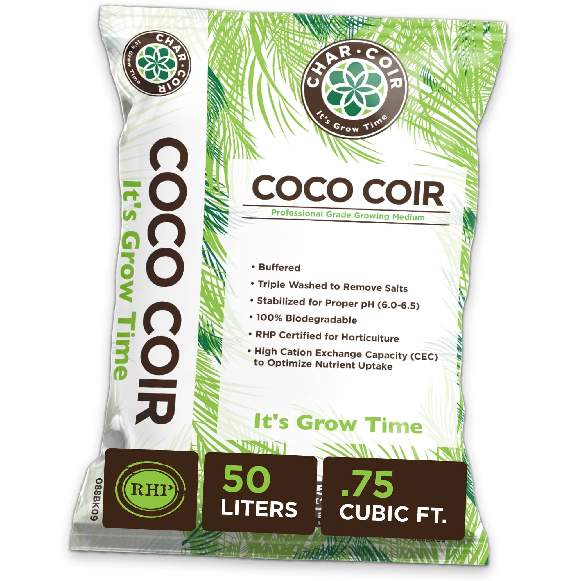 Coco coir packaging with branding and product details on a white background