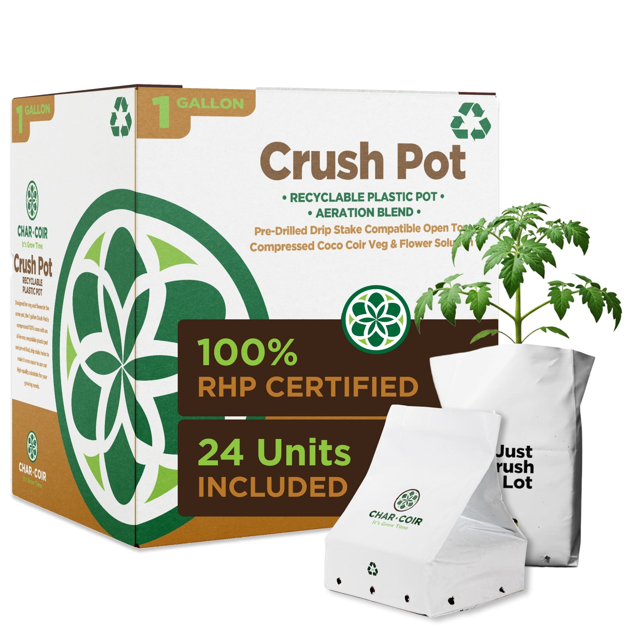 Box of Crush Pot recyclable plastic pots with a plant and packaging on a white background