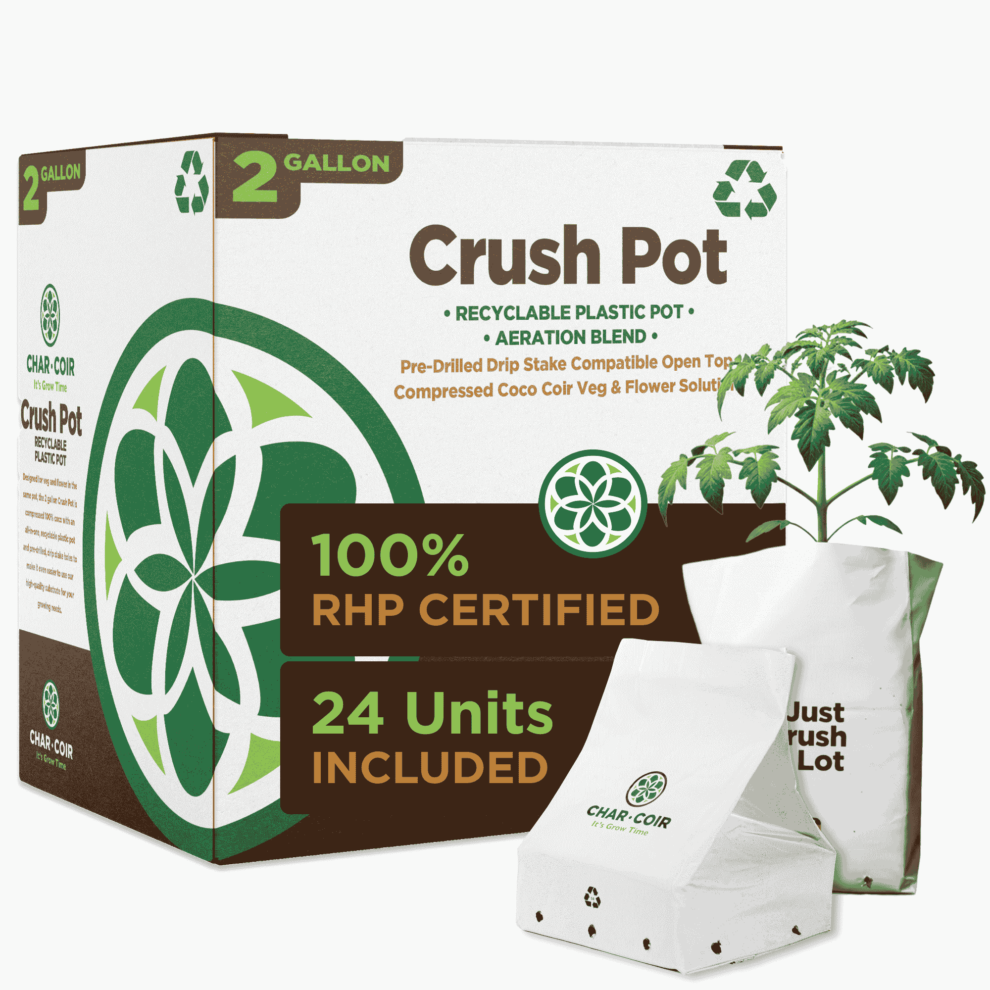 Box of Crush Pot recyclable plastic pots with a plant on a white background