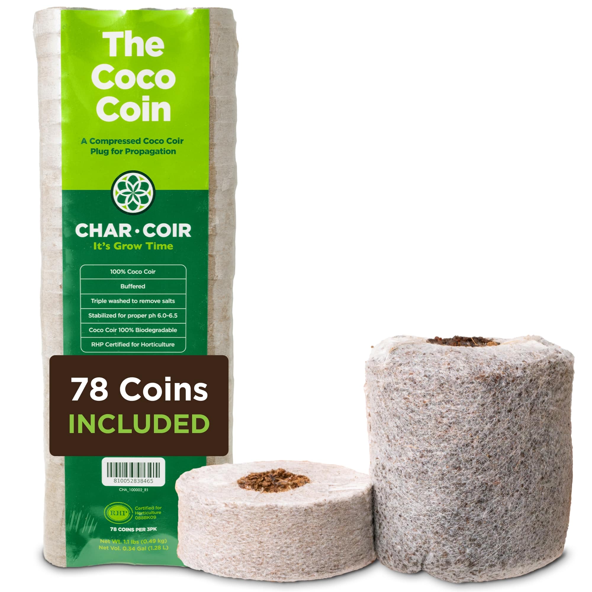 Coco coin packaging with green label and white coco coins on a white background