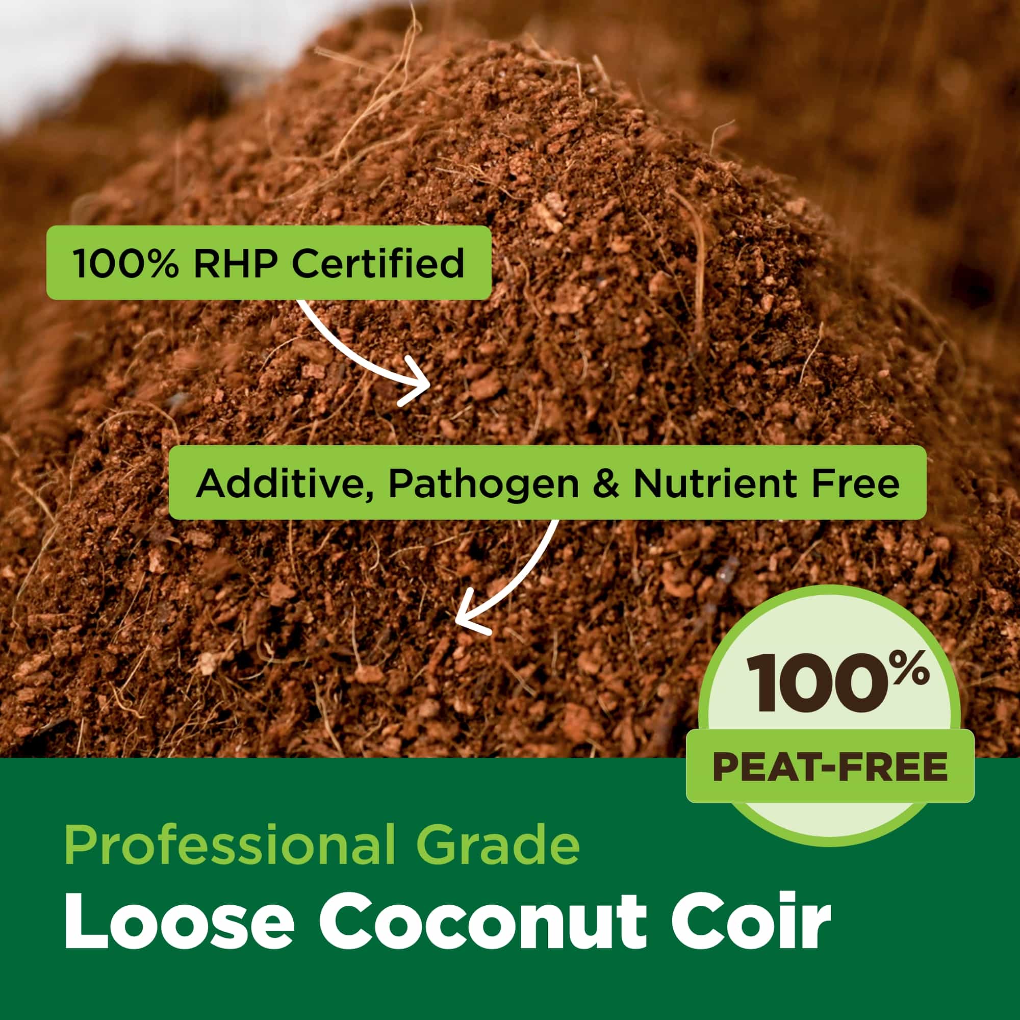 Loose coconut coir with certification labels on a green background