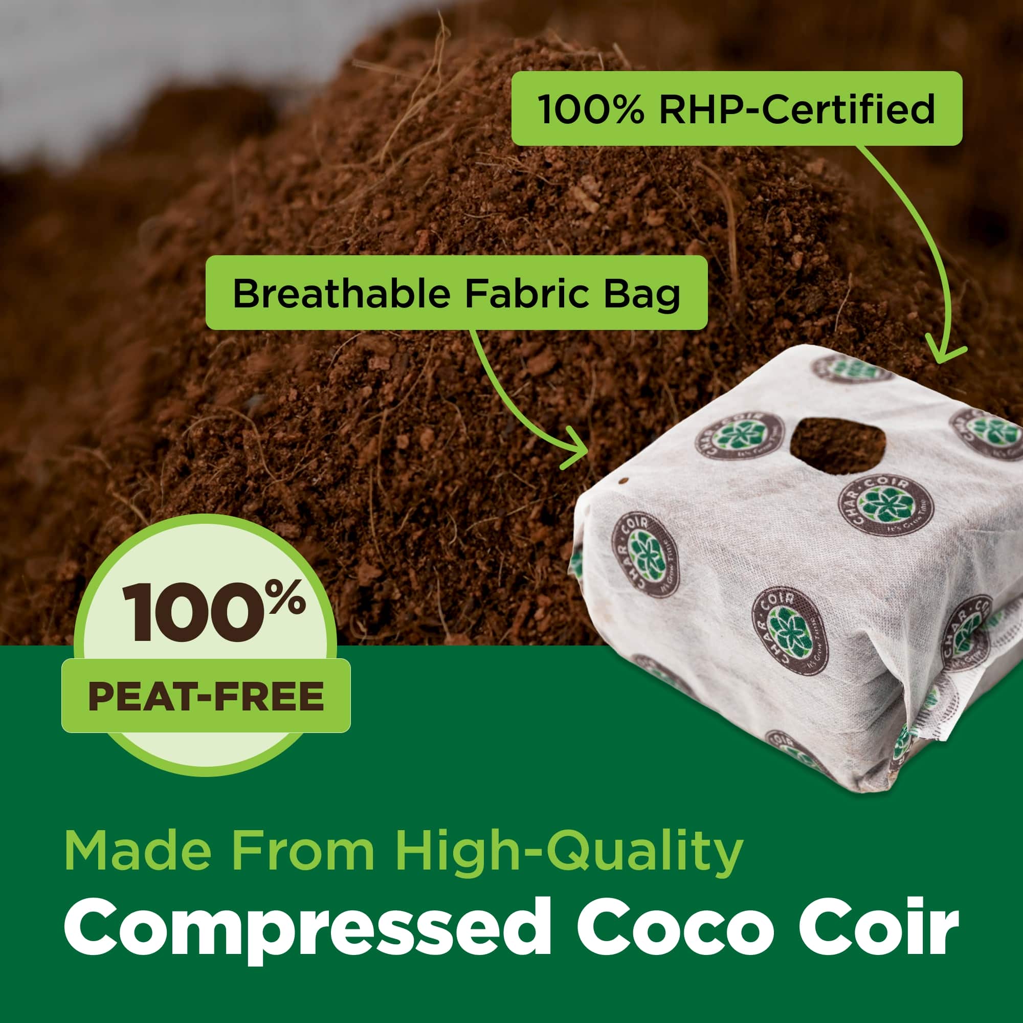 Compressed coco coir with breathable fabric bag and certification labels on a green background
