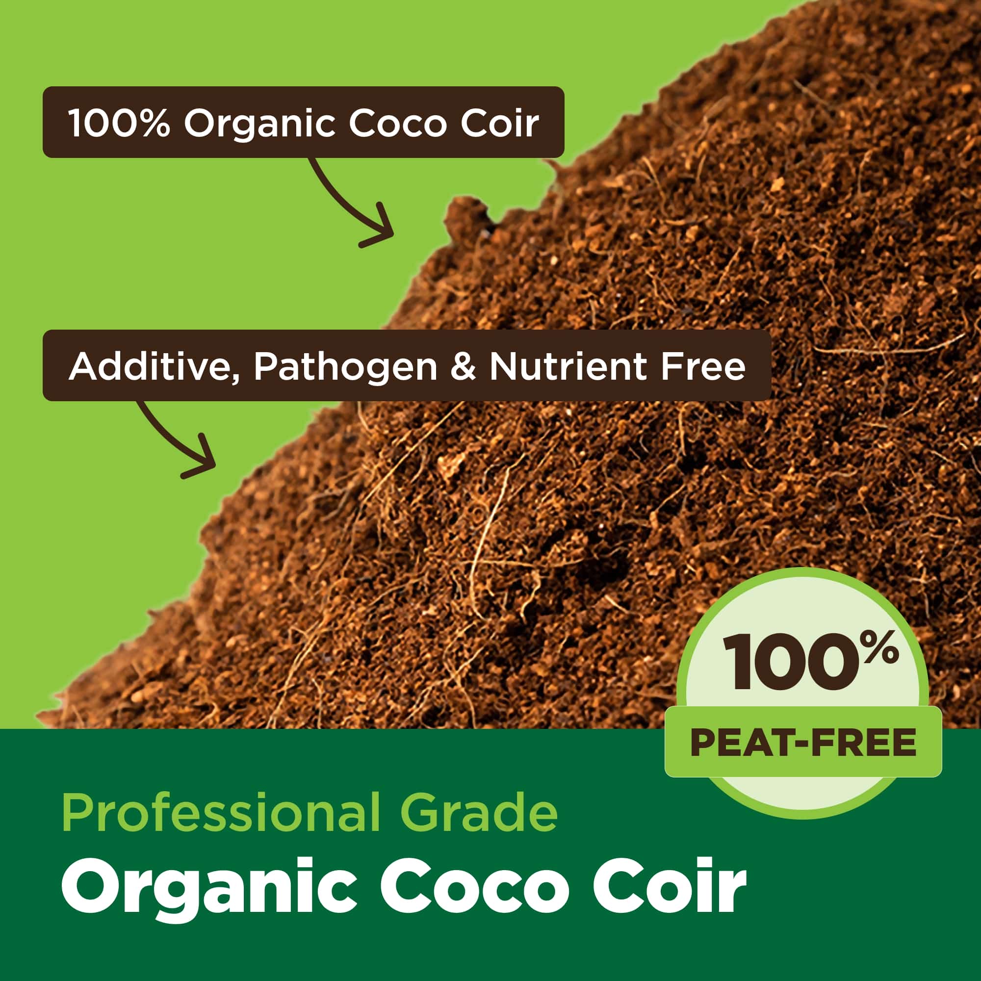 Organic coco coir with text highlighting its features on a green background