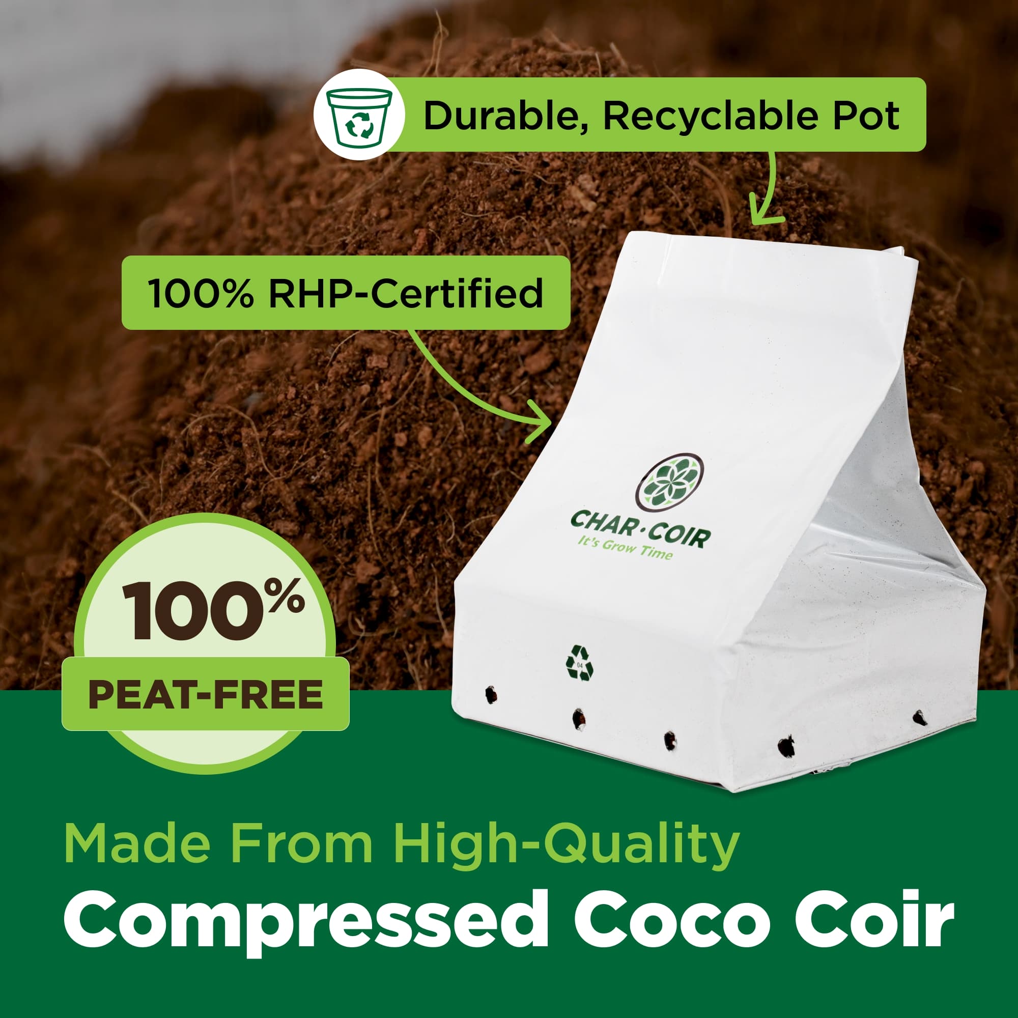 White pot made from compressed coco coir with green certification labels on a brown background