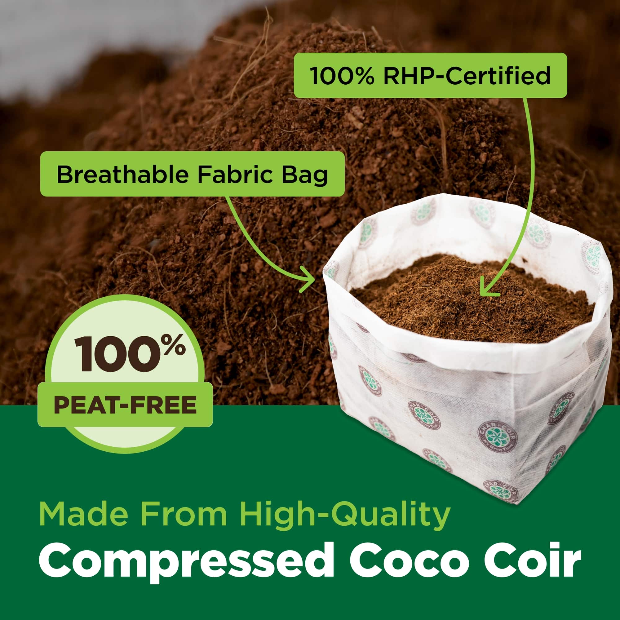 Compressed coco coir in a breathable fabric bag with certification labels on a green background.