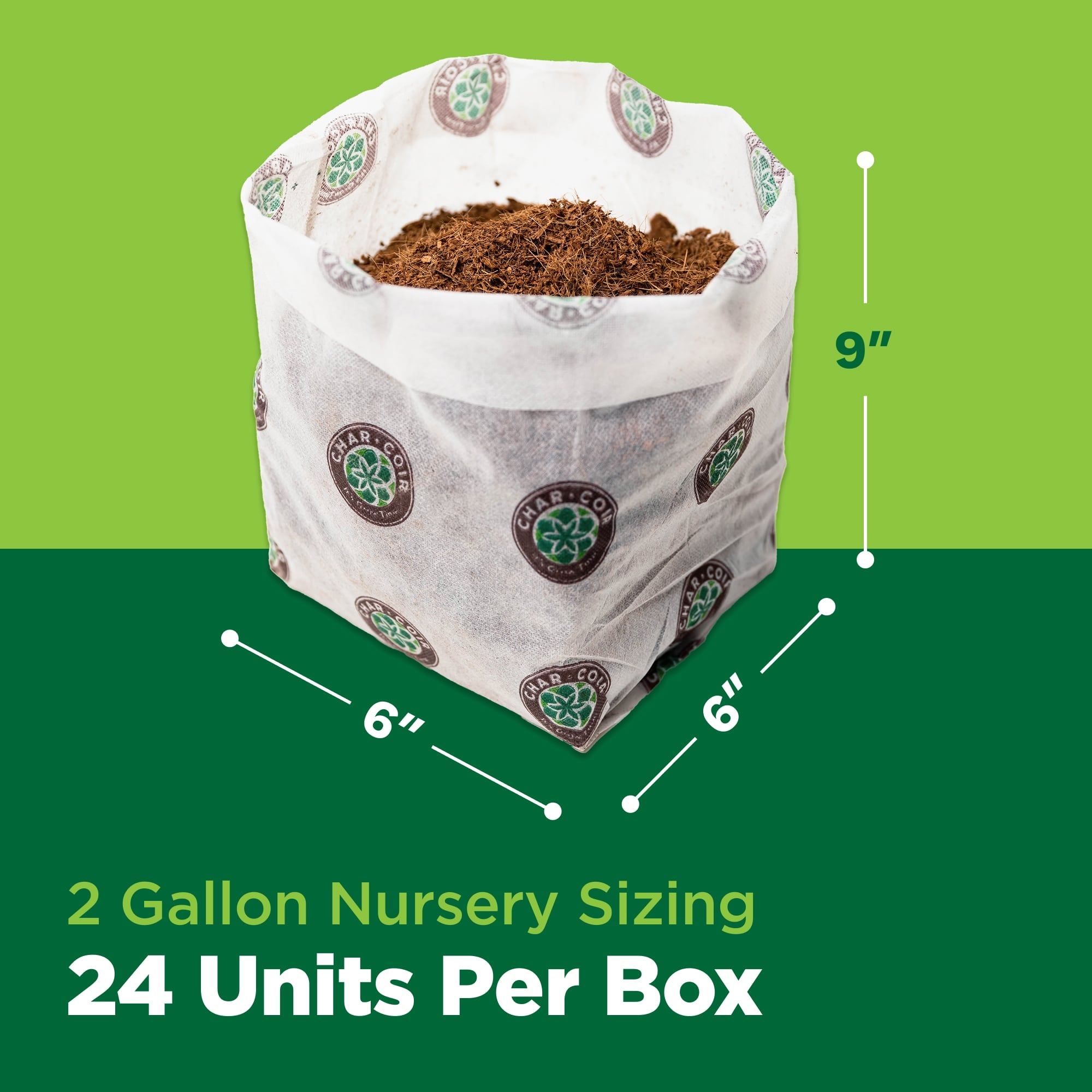 White nursery pot with soil, dimensions labeled, and text about nursery sizing on a green background
