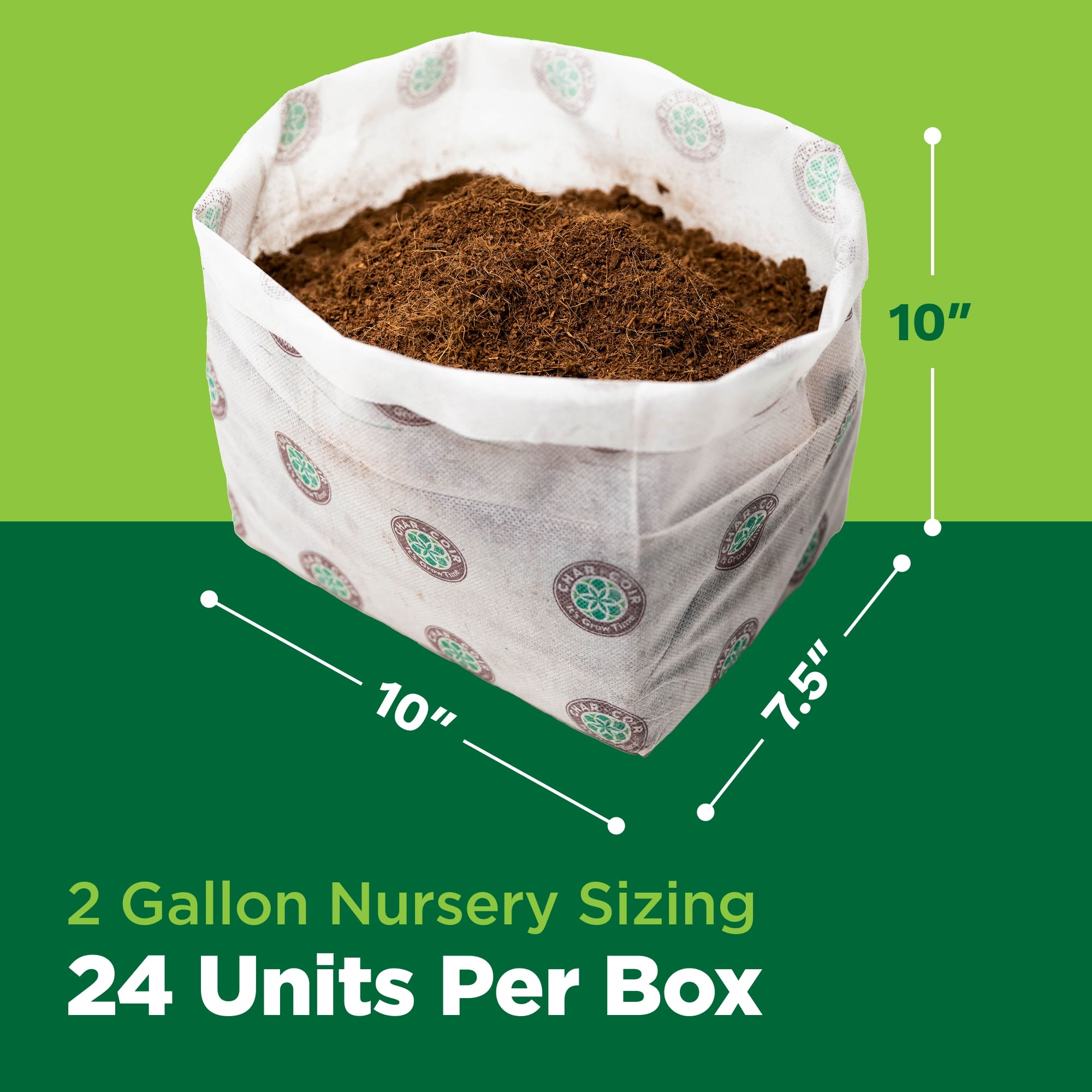 Garden soil bag with dimensions and product details on a green background