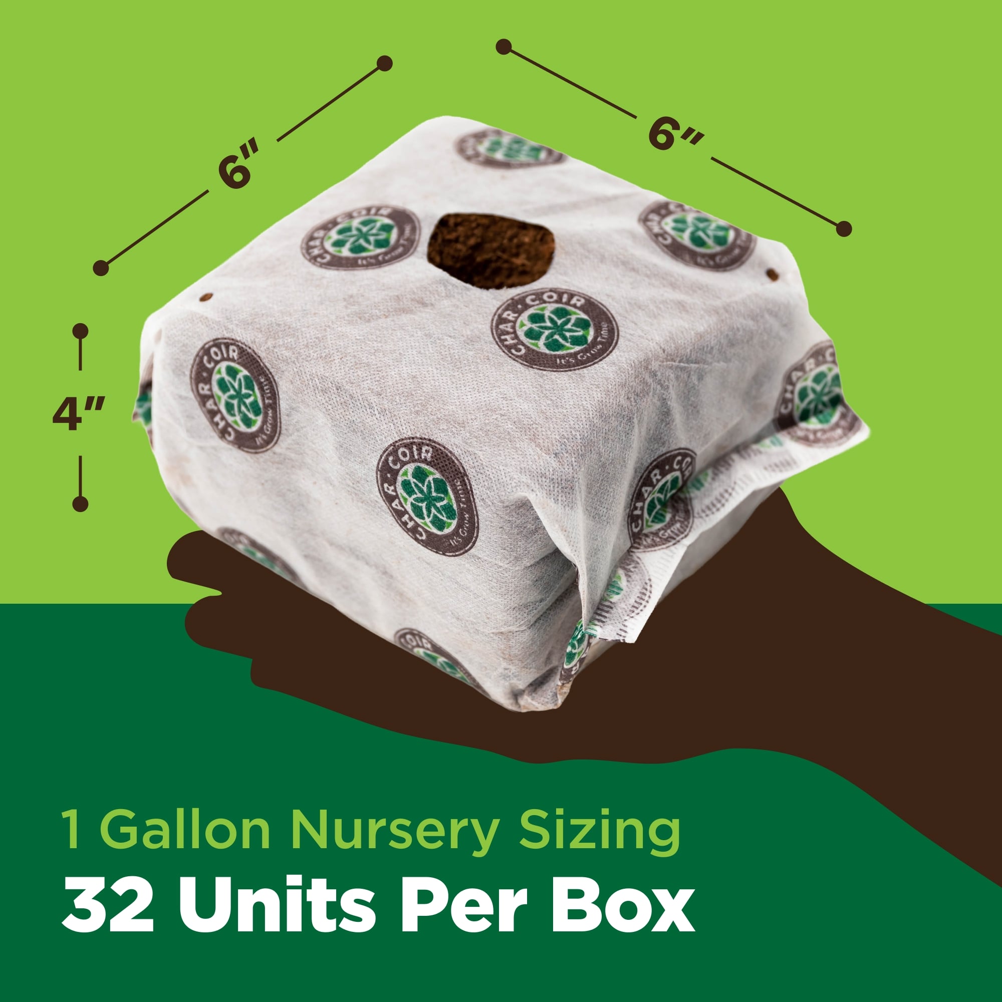 Hand holding a block of hydroponic growing units with dimensions and product details on a green background