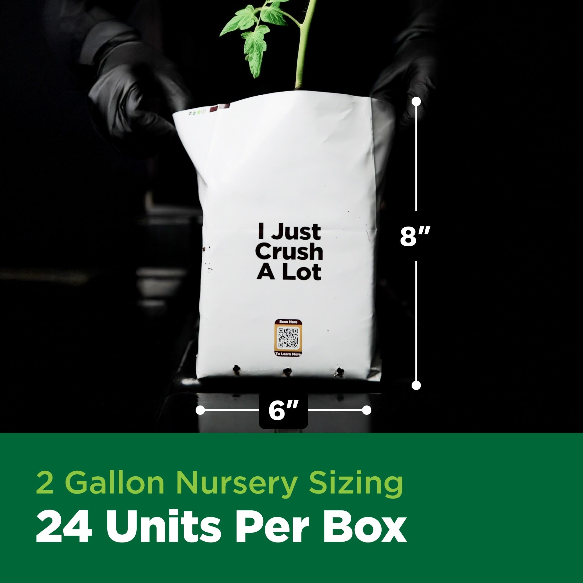 White nursery pot with text and measurements on a black background