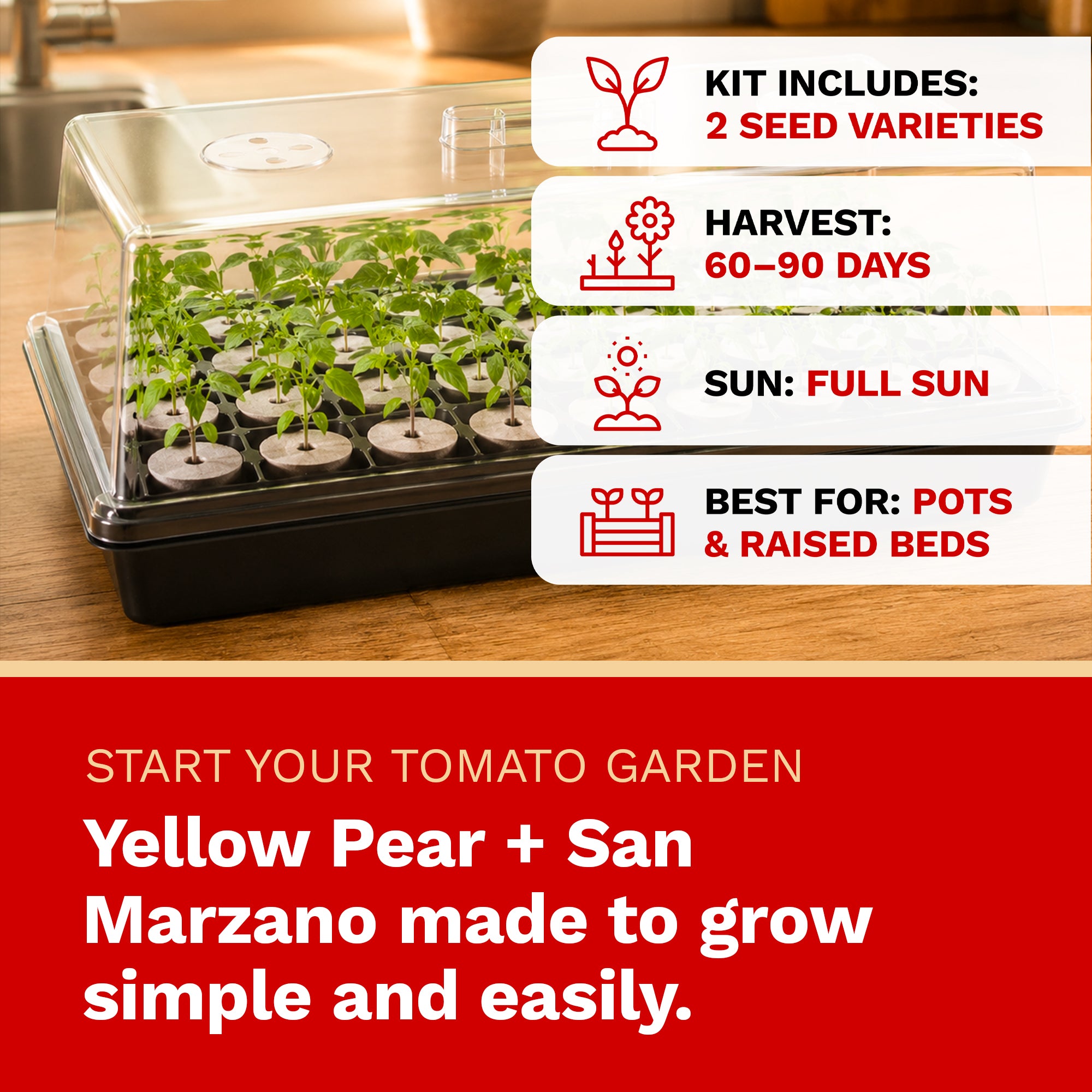 The Harvest Company Tomato Garden Seed Starting Kit | Organic Tomato Seeds with Humidity Dome, Heavy-Duty Tray & Char Coir Coco Coin Insert