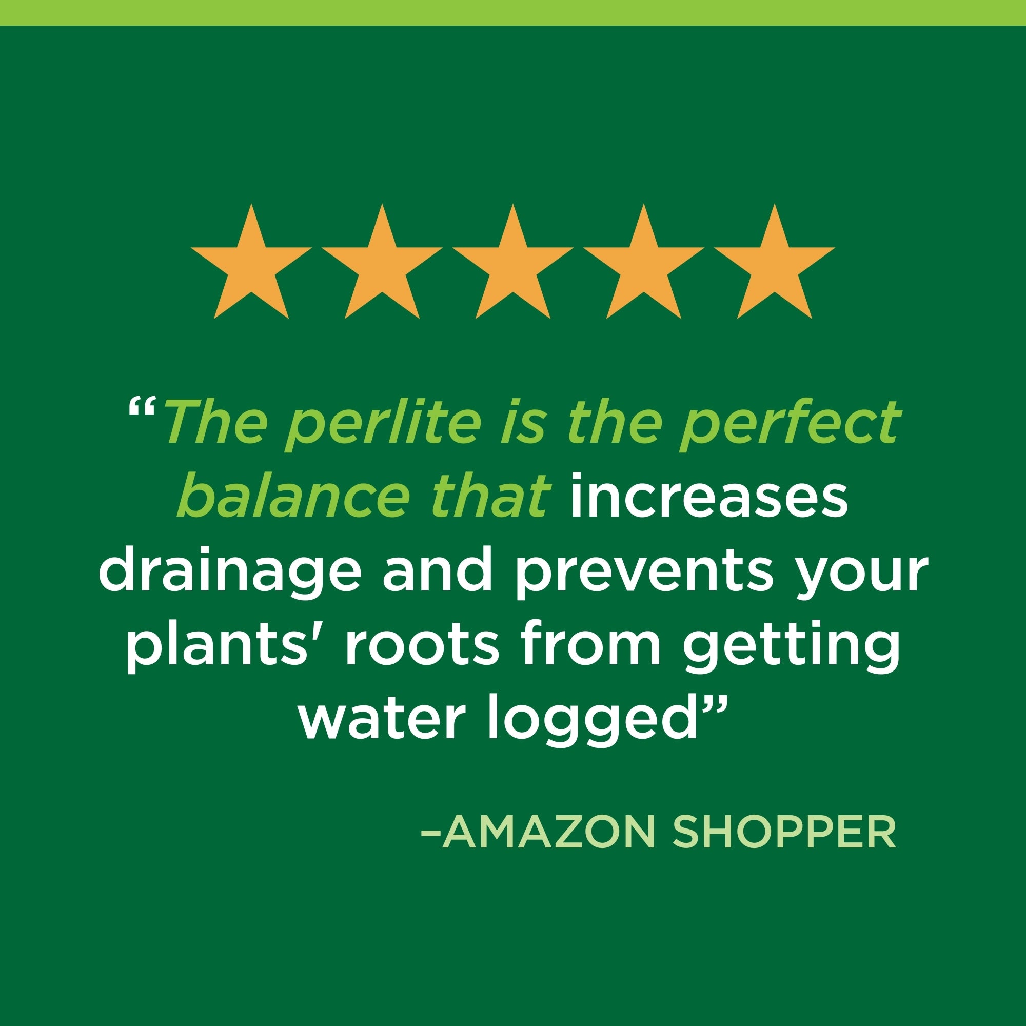 Five-star rating with a positive review about perlite on a green background