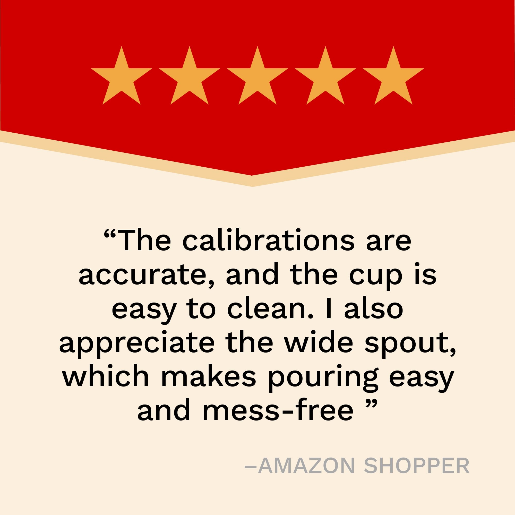 Five-star rating with a customer review on a red and beige background